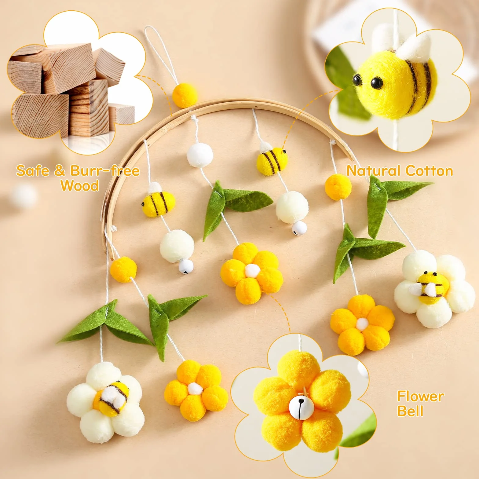 Mobile Bébé en Bois avec Boules de Feutre, Abeilles et Fleurs, Pendentif Cloche de Lit, Décoration Chambre d'enfant, Cadeau Bébé Fille et Garçon