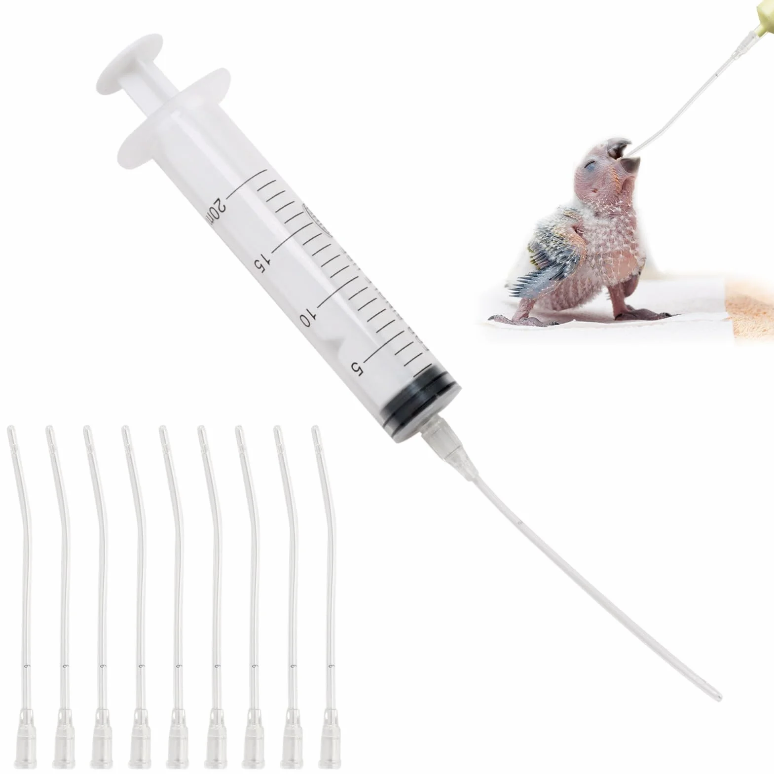 Seringues d'alimentation 20 ml pour oiseaux, pigeons, perroquets avec tuyau