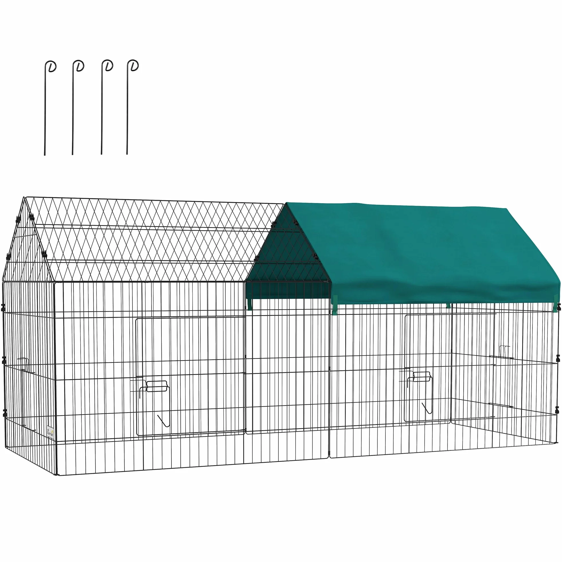 PawHut Parc enclos Cage Lapin extérieur 220 x 85 x 103 cm Acier 2 Portes verrouillables Protection Pare-Soleil Toit Vert