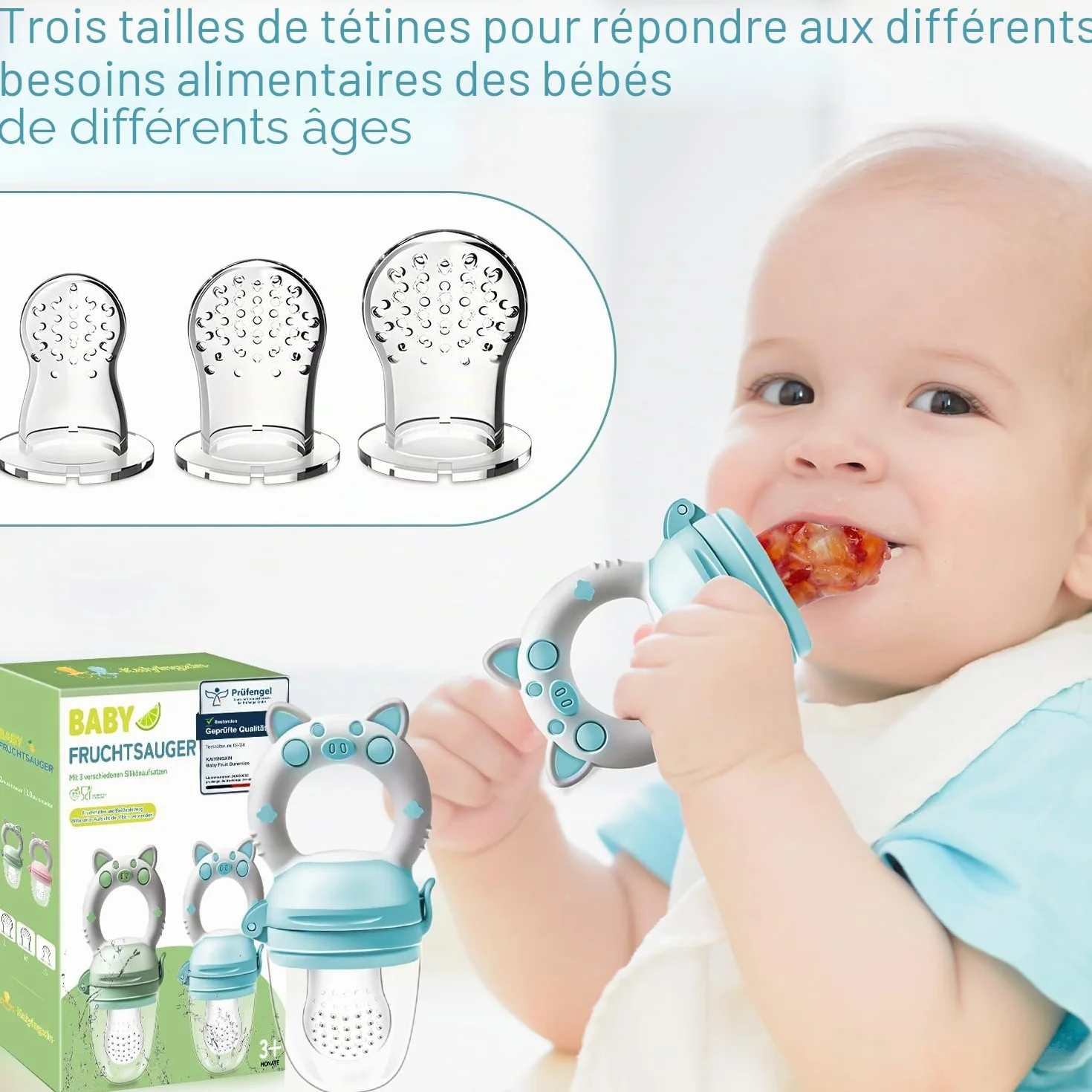 Grignoteuse Bébé Tetine Bebe - 2 Fruit Grignoteuses + 8 Tailles de Tétines Sans BPA, pour Enfants de 3 à 24 Mois, Vert+Bleu