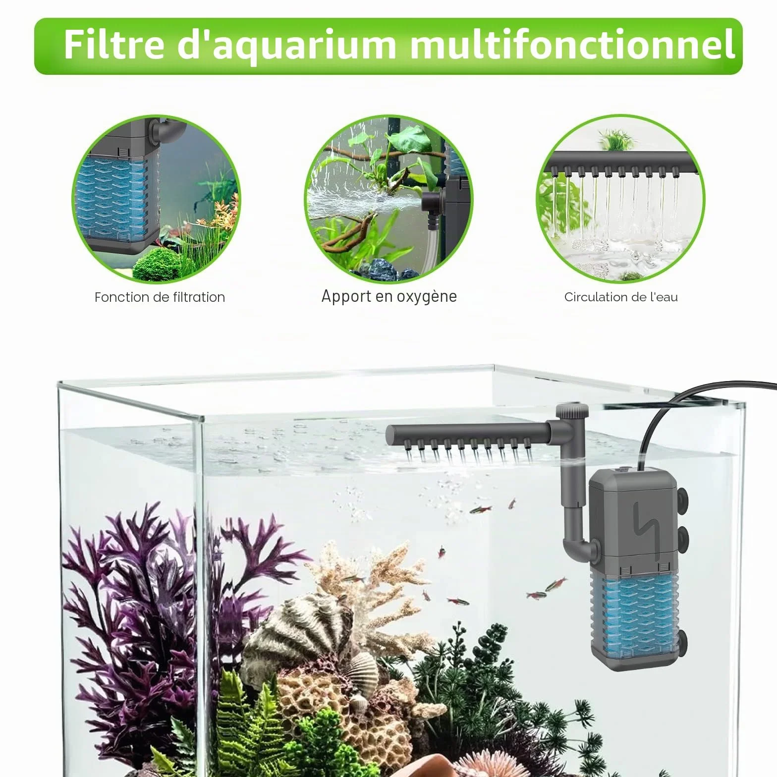 Pompe de filtre d'aquarium interne 600L/H 6W réglable avec barre de pulvérisation pour réservoir jusqu'à 120 litres