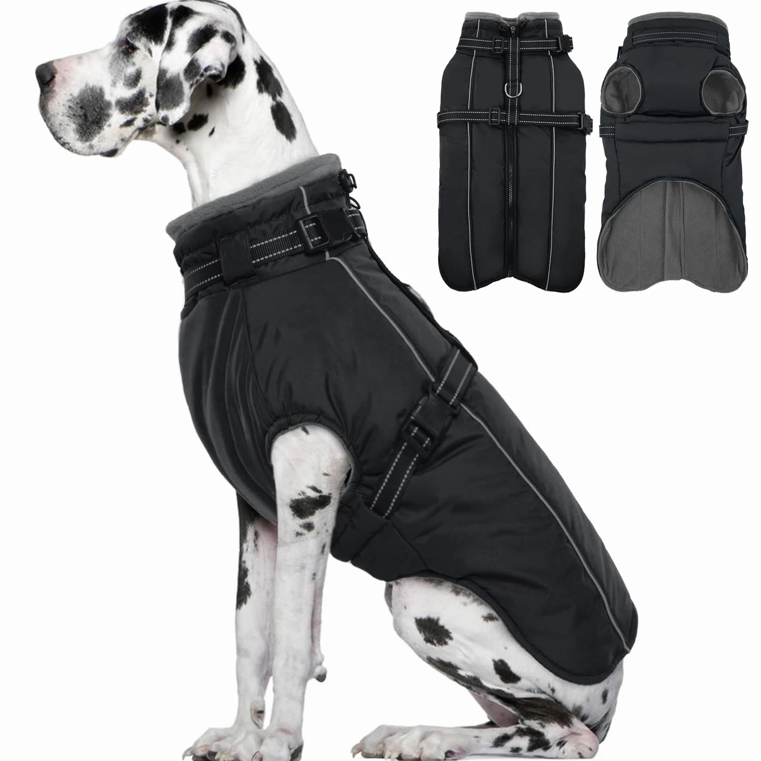 Lelepet Manteau pour chien extra large avec harnais - Veste polaire chaude et imperméable, gilet d'hiver réfléchissant combinaison de neige pour grands chiens, Braque de Weimar - Noir 3XL
