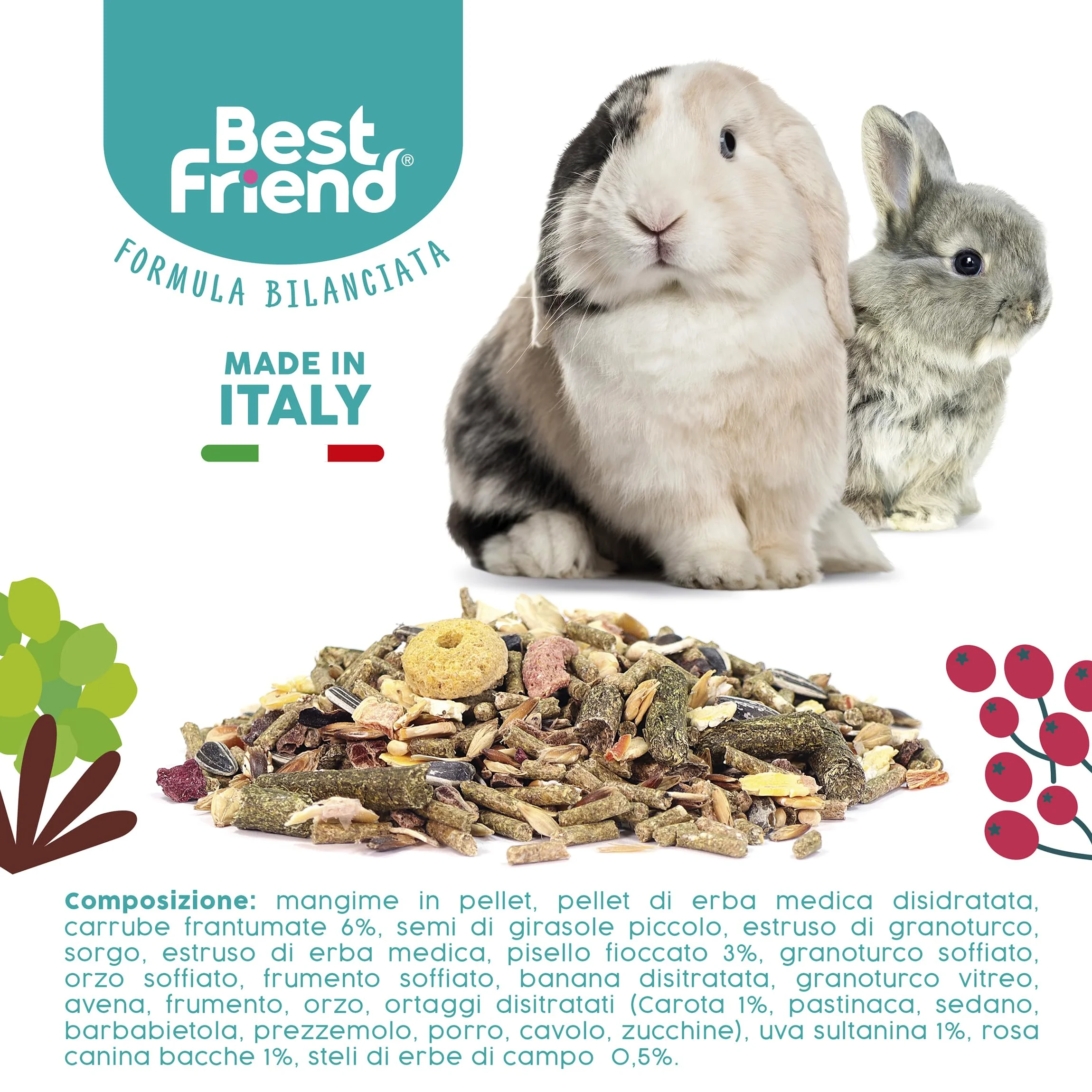 Best Friend Aliment Complet pour Lapins Nains avec Baies de Rose musquée, Pois floqué, caroube, Raisin sultanine. Aliments pour rongeurs avec ingrédients naturels, fabriqués en Italie | Lot de 6
