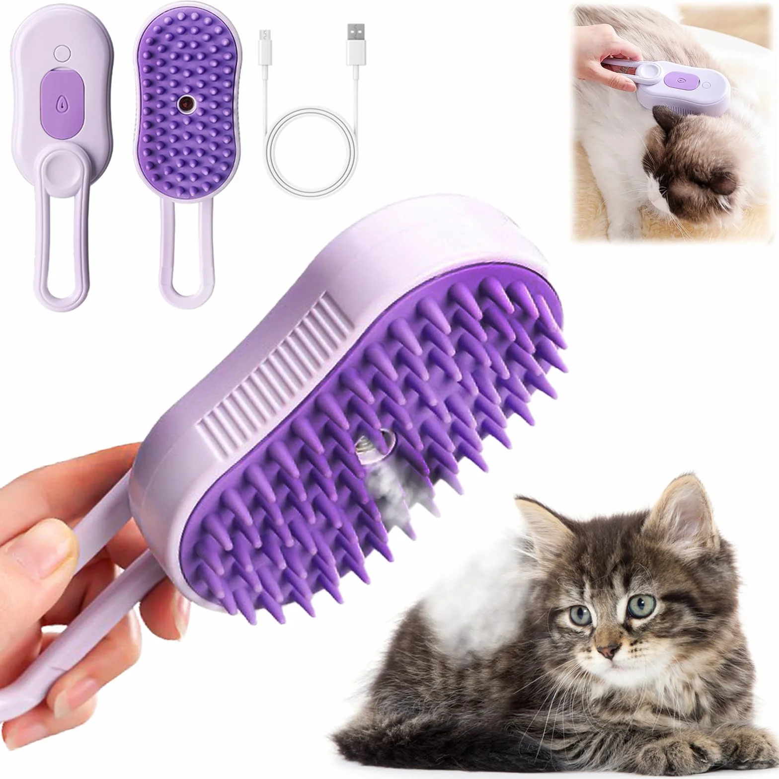Brosse à vapeur 3 en 1 pour chat et chien - Brosse de toilettage à vapeur
