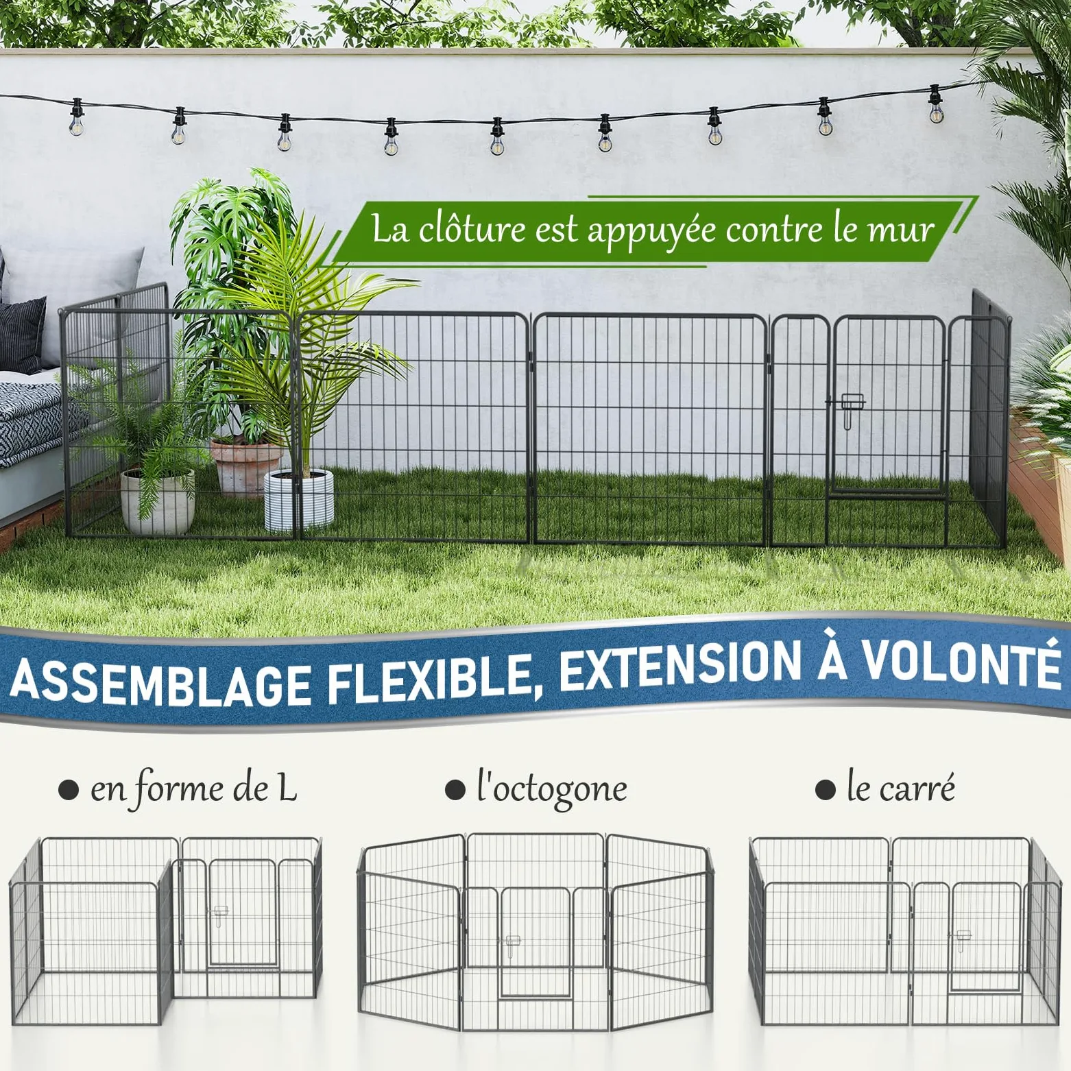 Enclos pour Chien Métal, Parc Chiot Intérieur & Extérieur 80x80cm | Clôture Modulable à 8 Panneaux avec Porte, Grillage Pliable, Barrière de Sécurité Extensible pour Petits Animaux Noir