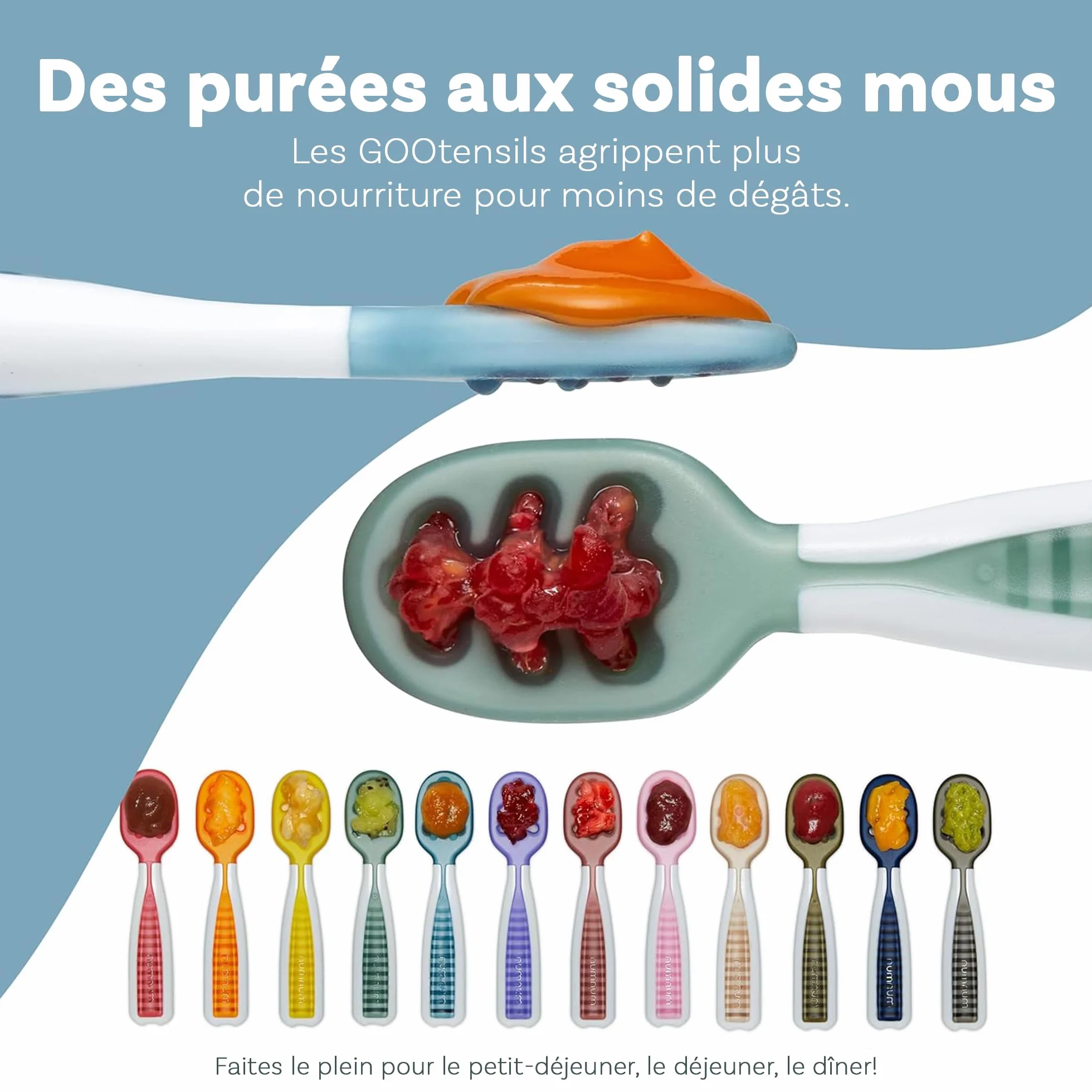 NumNum GOOtensils Cuillère Bébé 1er Âge - Étape 1+2 Silicone - Lot de 2 (Bleu/Orange)