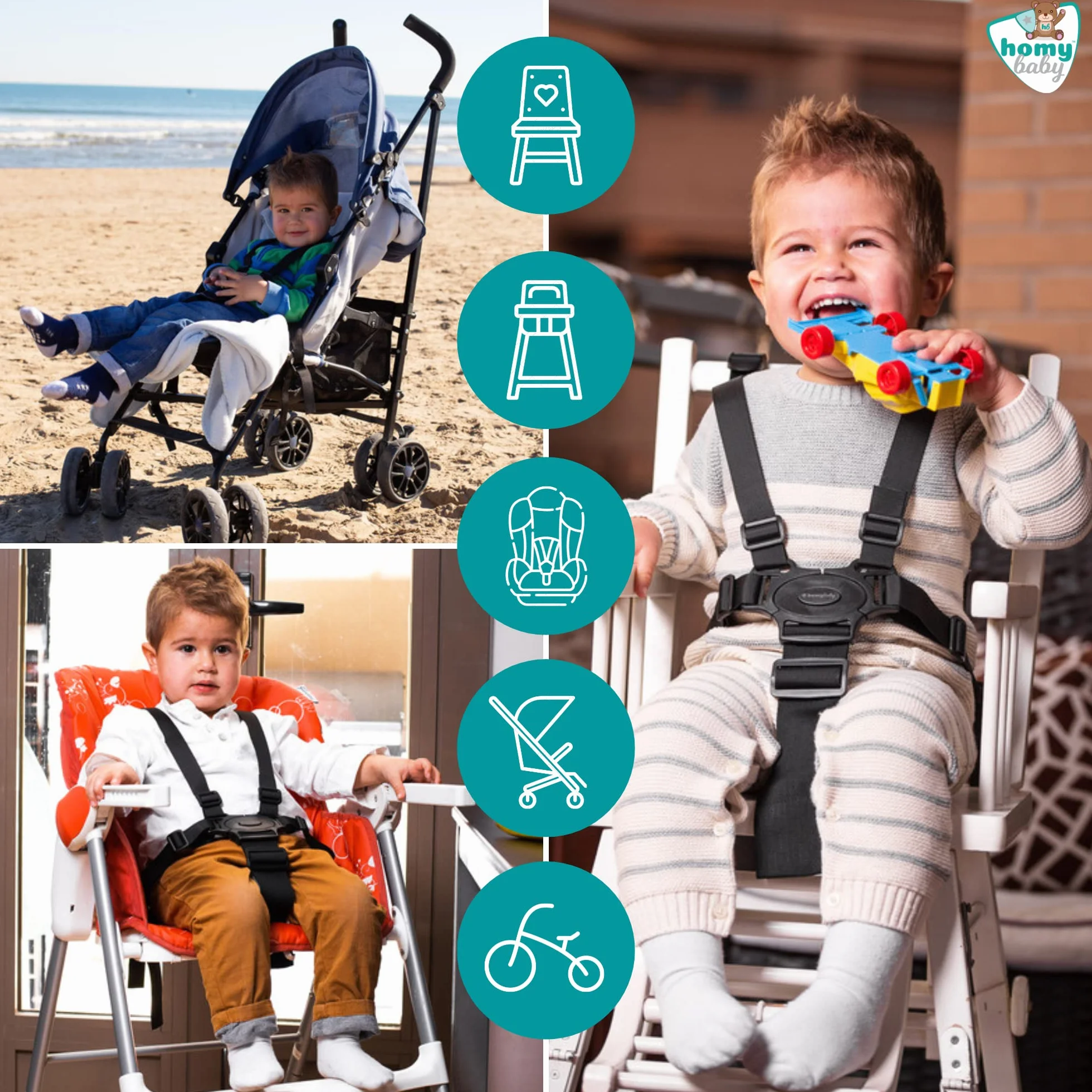 HOMYBABY Harnais 5 Points Chaise Haute Universel pour Bébé - Sangle de Sécurité Attache Poussette