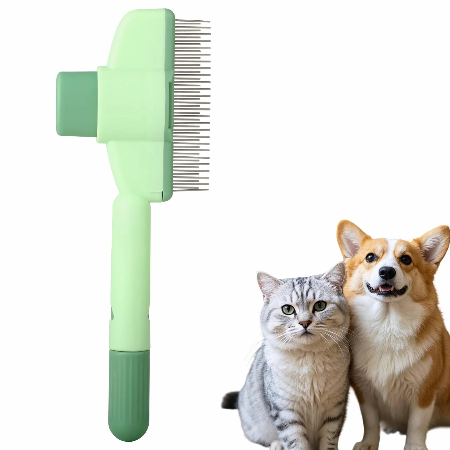 Peigne Autonettoyant pour Chats - Brosse Anti-Puces à Bouton Déverrouillage, Élimine Poils Morts & Nœuds, pour Poils Courts/Longs, 1 Pièce (Vert)