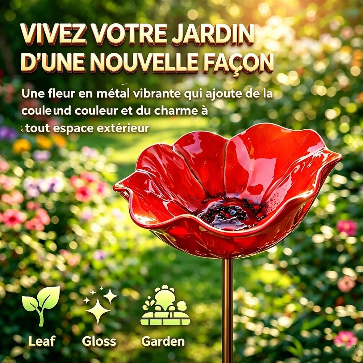 Bain d'oiseaux Abreuvoir Abeilles en Métal Motif Fleur Extérieur Résistante Intempéries Jardin Décoration (Red)