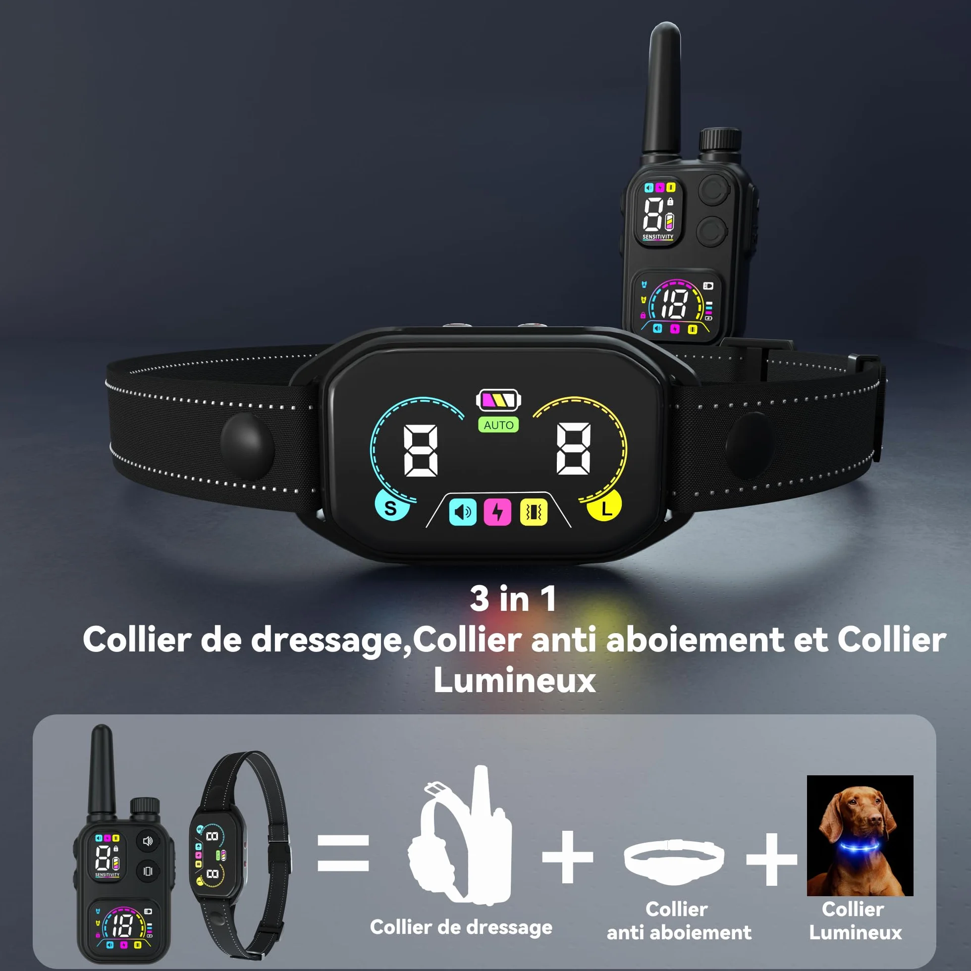 Meloive Collier de Dressage Anti Aboiement 3 en 1 LED, Portée 3800m, Modes Lumière/Son/Vibration/Choc Statique