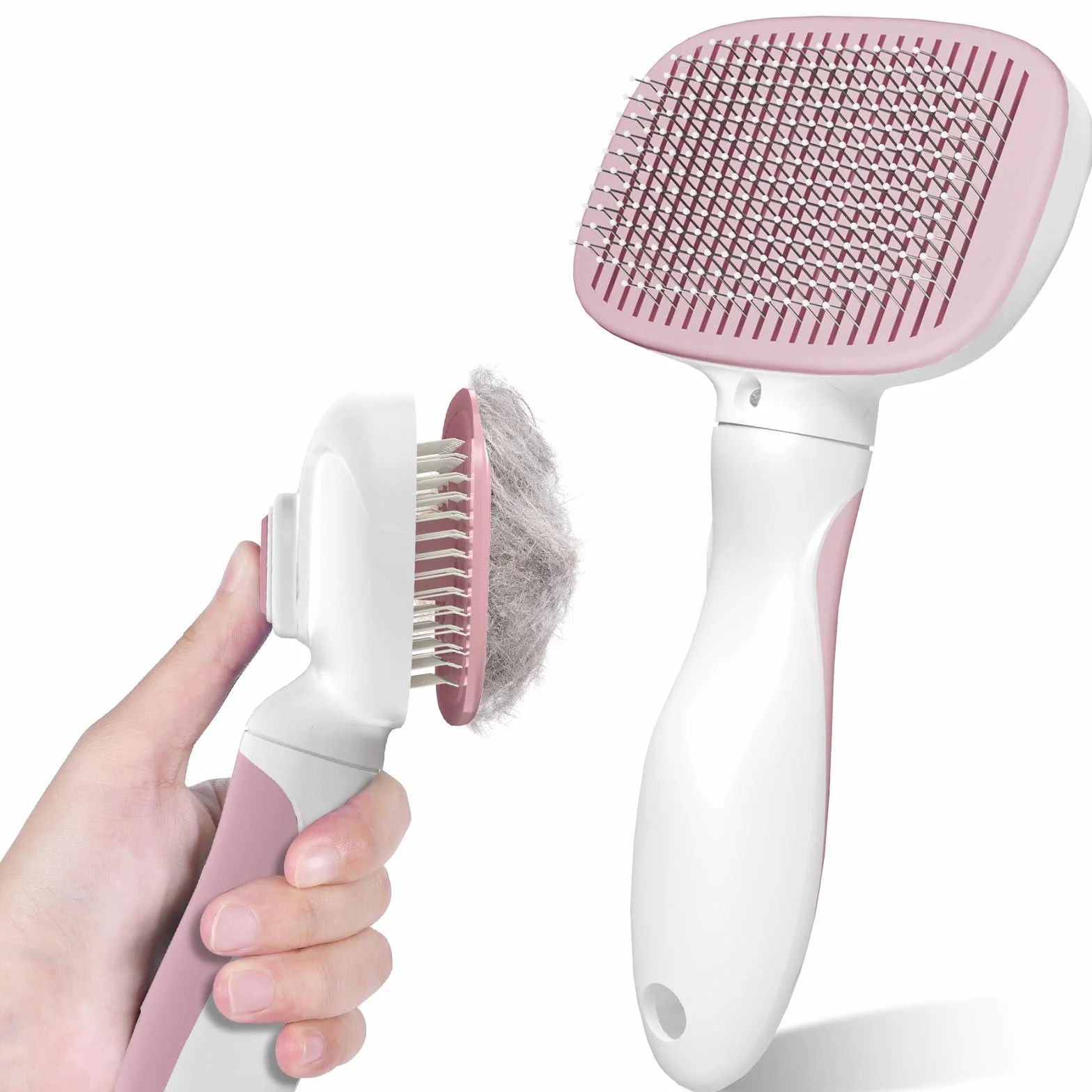 Zivacate Brosse Chat Chien Épilation Autonettoyante Poils Morts Manche Antidérapant Rose-Blanc