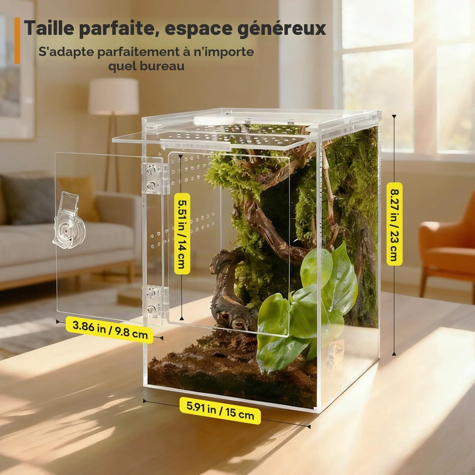 Terrarium Acrylique 23x15x15CM Rectangle 360° Ventilation Croisée Etanche pour Reptiles Araignée Escargots
