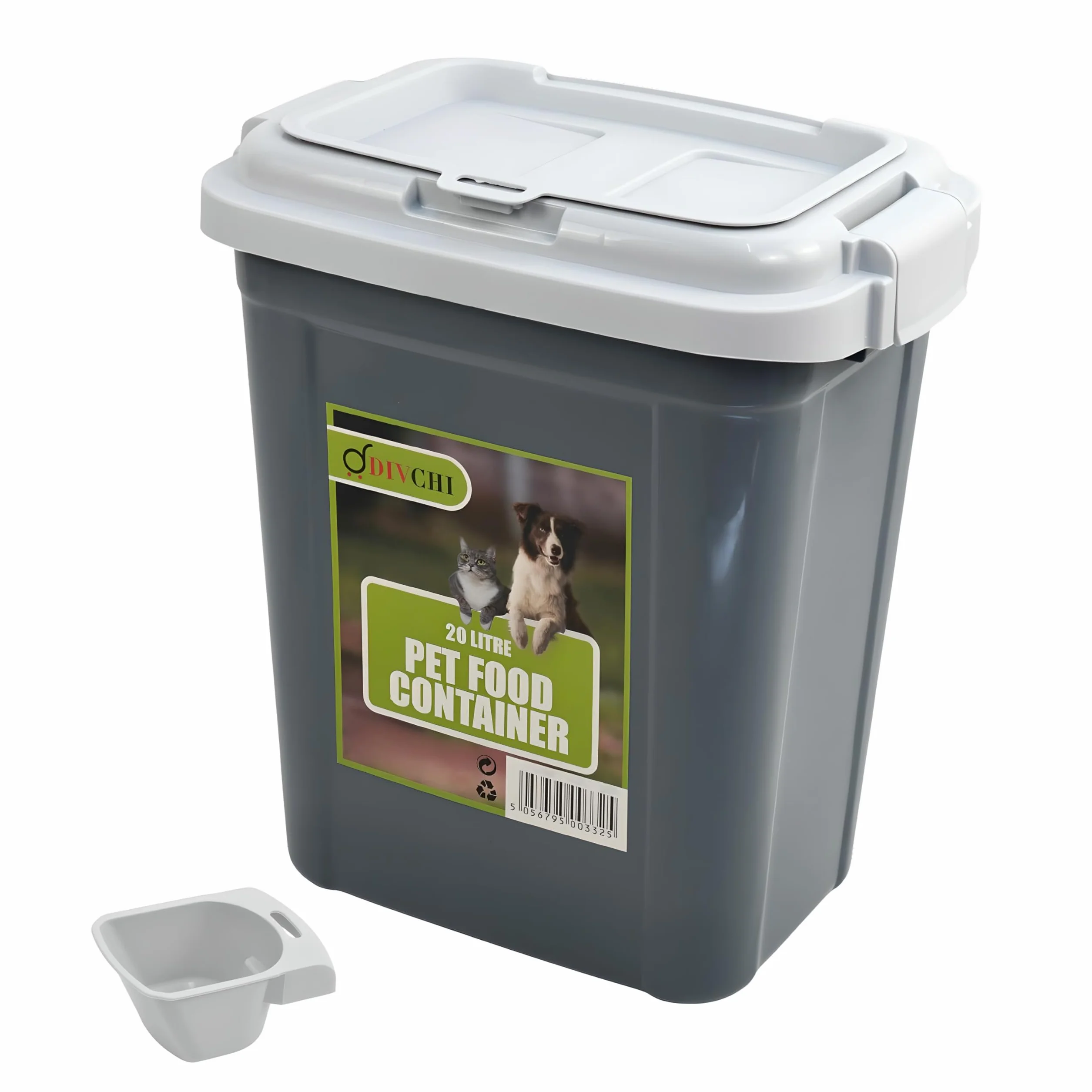DIVCHI Conteneur de stockage d'aliments pour animaux domestiques avec système de verrouillage à rabat avec pelle intégrée en plastique hermétique pour oiseaux, chiens, chats, animaux domestiques (gris
