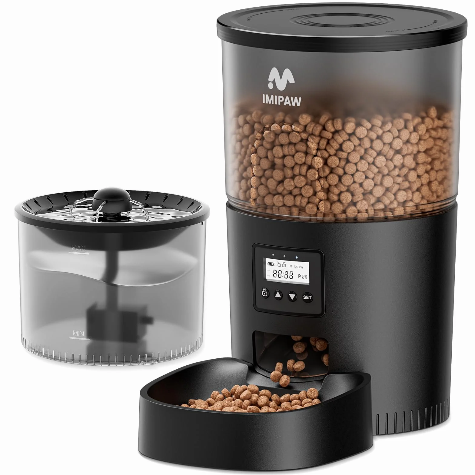 IMIPAW Distributeur Croquettes Chat Automatique Fontaine à Eau Programmable 1-6 Repas Filtre Noir