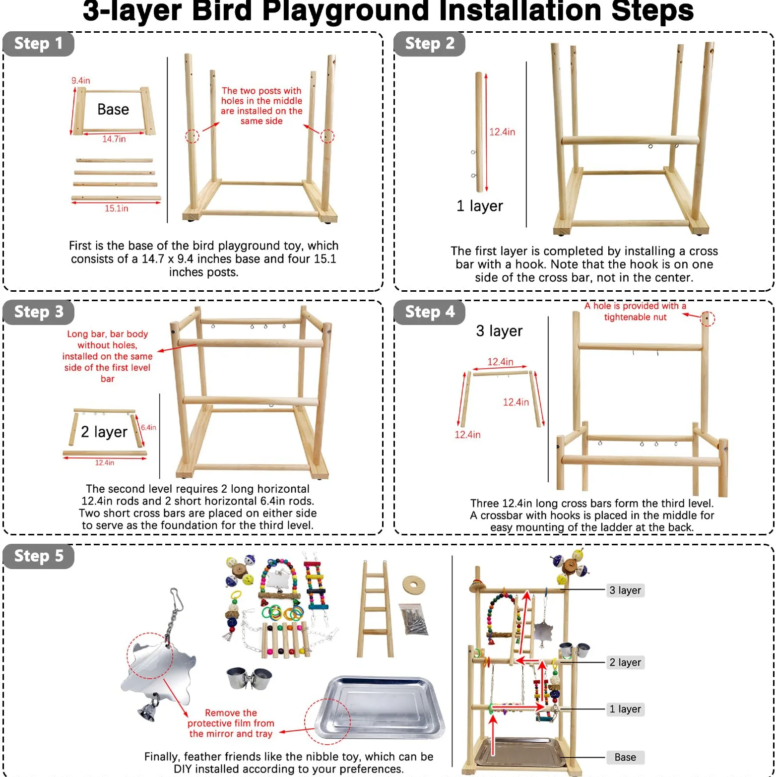Hamiledyi Aire de jeux pour oiseaux en bois naturel – Grand perchoir à 3 niveaux avec plateformes d'exercice durable pour perroquets, calopsittes et petits oiseaux Stand avec échelles et balançoires