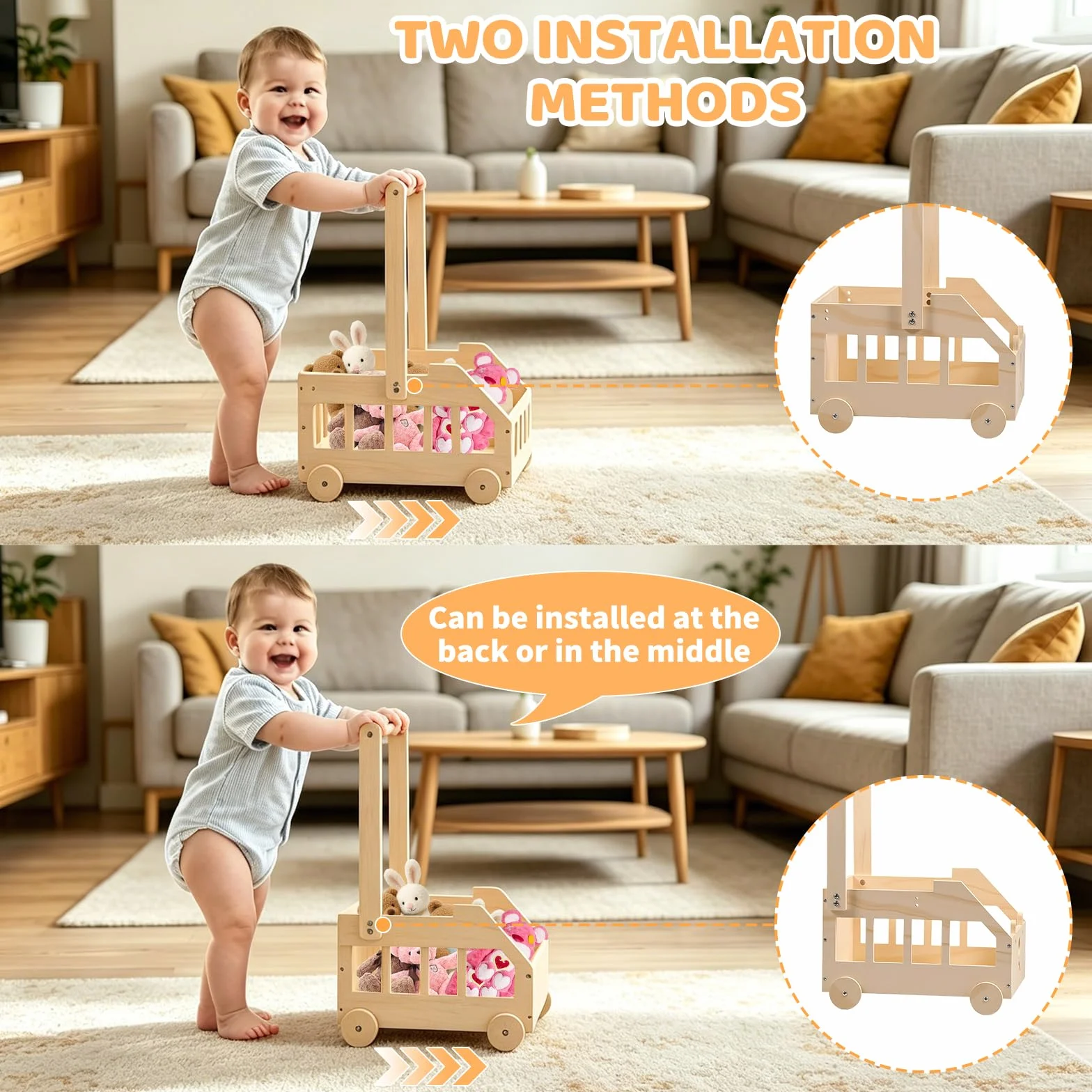 Panier Naissance Bébé en Bois Motif Ours Coffret Cadeau avec Poignée et Roulettes