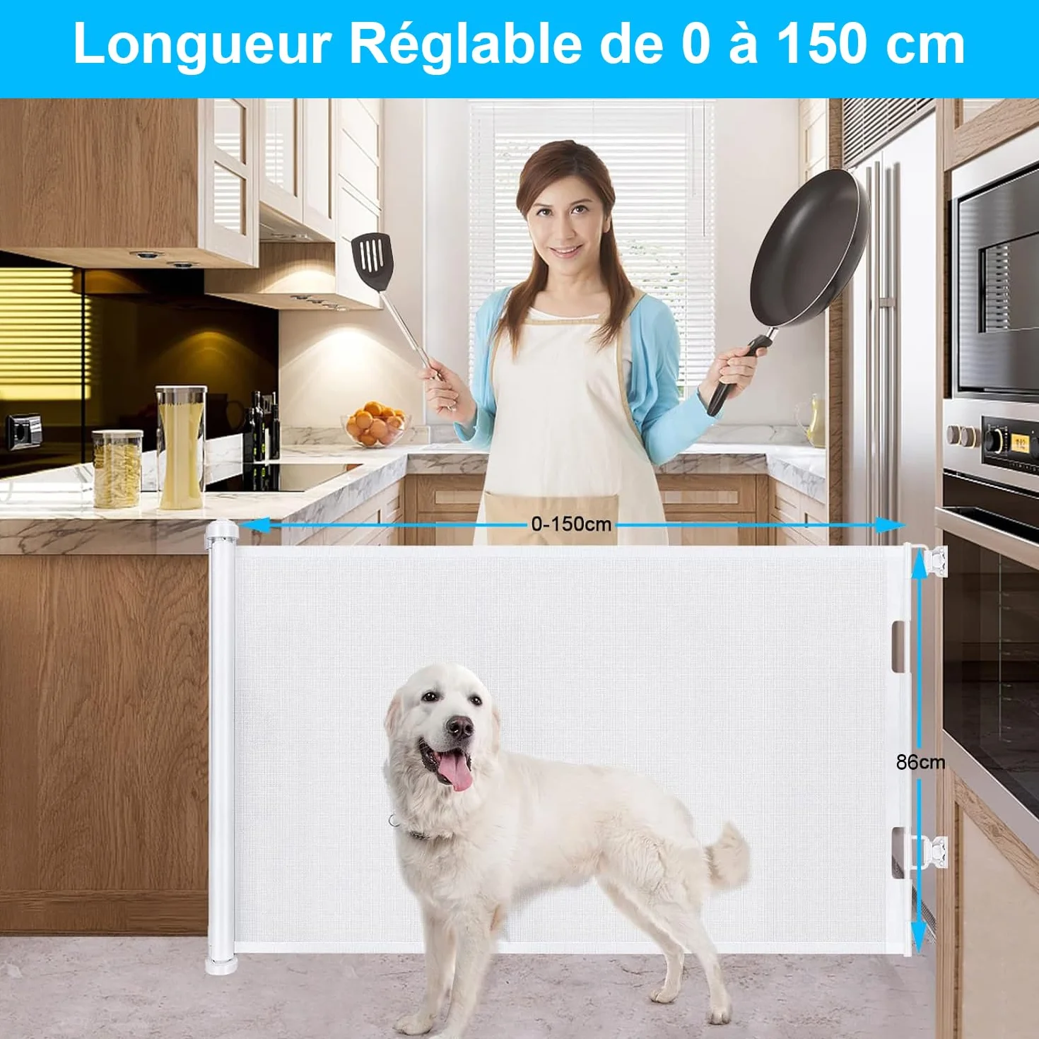 Barrière de Sécurité Rétractable pour Bébé et Animaux, 0-150cm, Escaliers, Couloirs, Portes