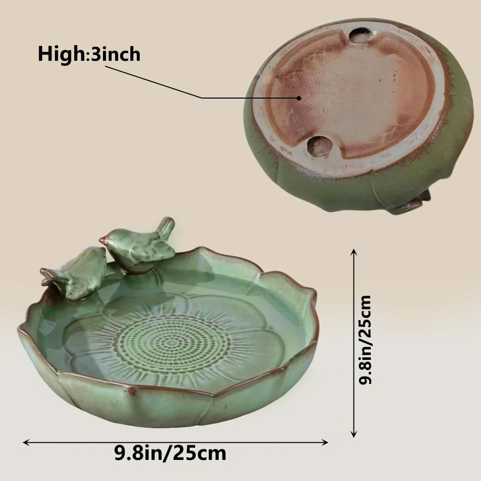Baignoire pour oiseaux en céramique pour l'extérieur – 24,9 cm – Bol de bain pour oiseaux vert robuste uniquement, mangeoires à oiseaux au sol et gamelle d'eau pour oiseaux, jardin, patio