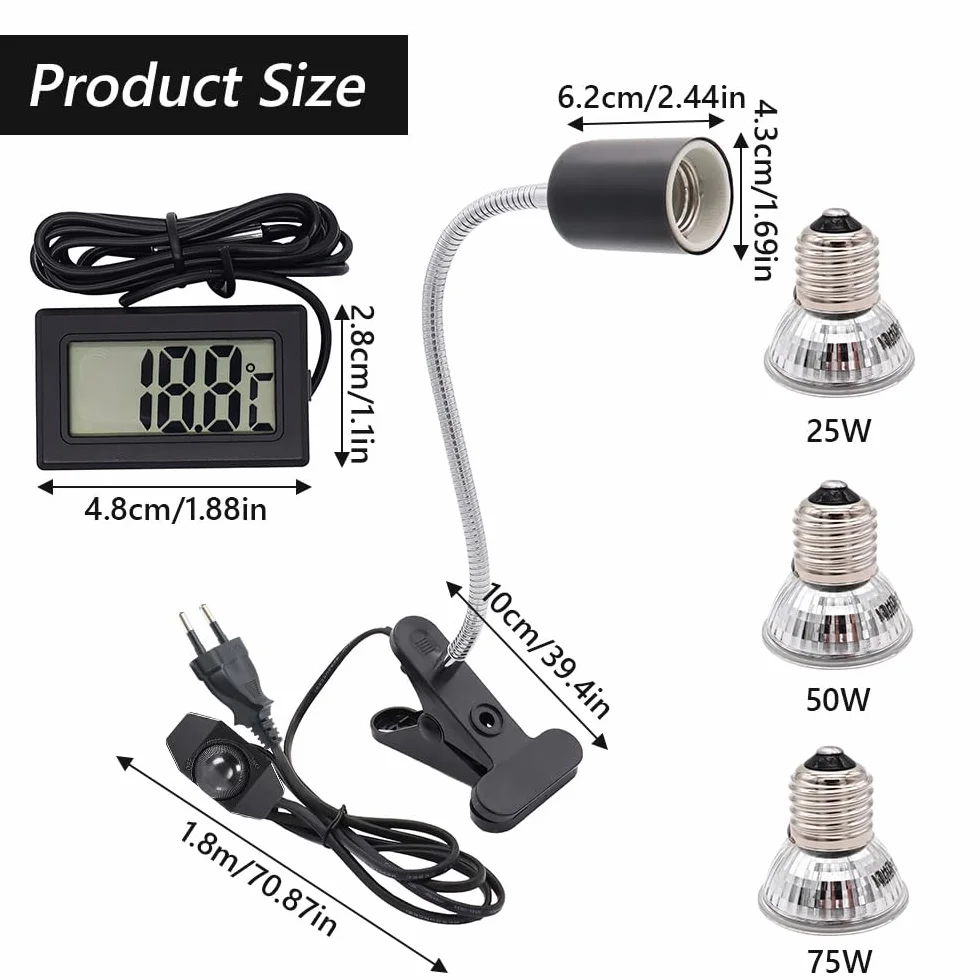 Lotvic Lampe Chauffante Tortue Reptiles 3 Ampoules UVA UVB Thermomètre EVA Clamp Pivotant