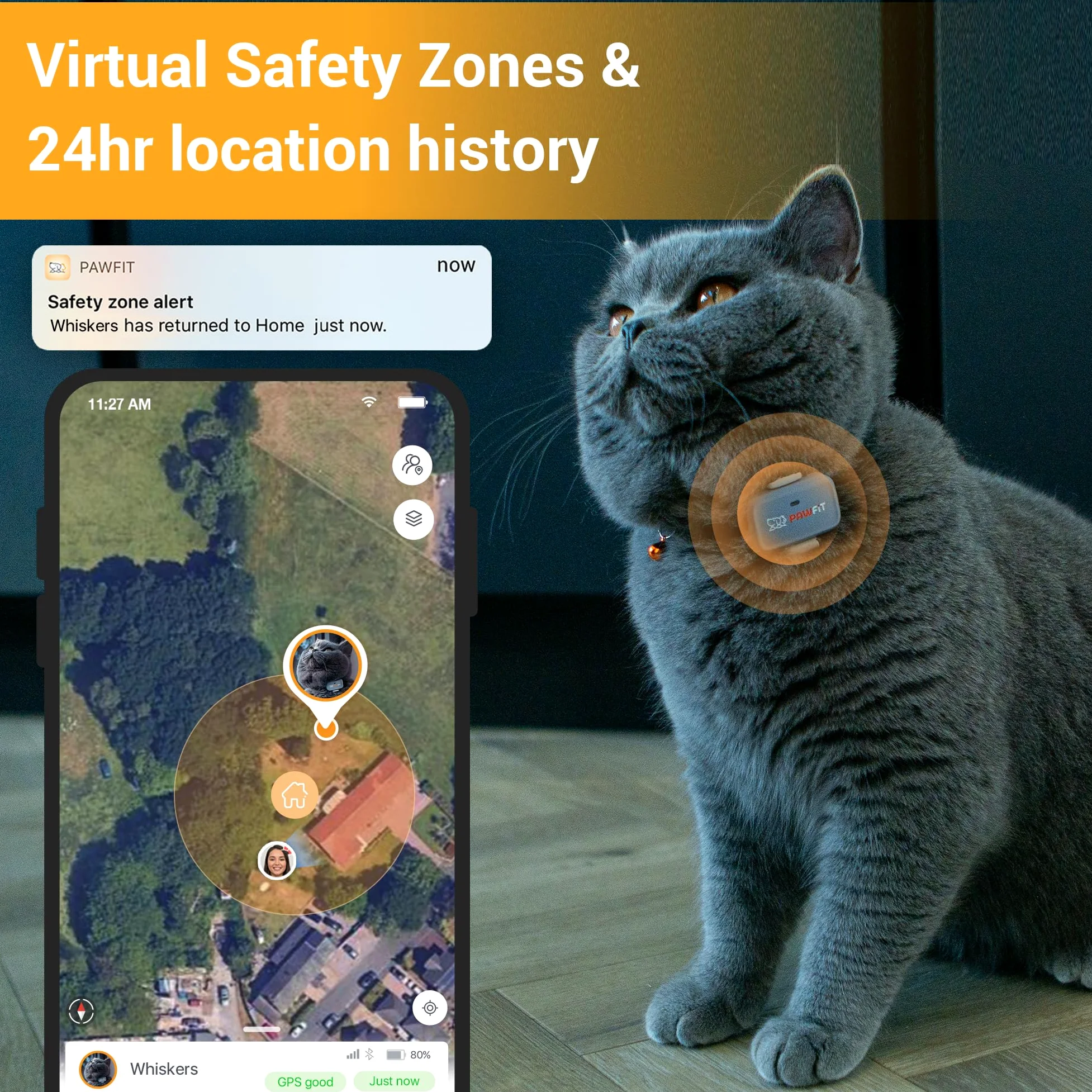 Pawfit Lite 4G Traqueur GPS pour chat, suivi en direct, ultra léger, gris lilas