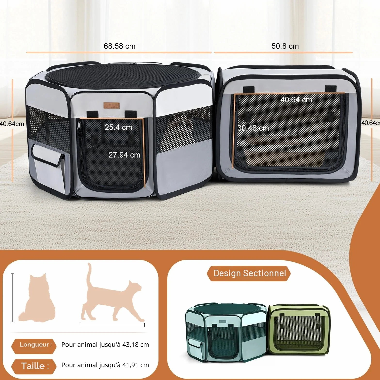 Enclos pour Chats 2-en-1 Parc pour Chiens et Petits Animaux Intérieur/Extérieur 120×40 cm Tente Portable Pliable Gris