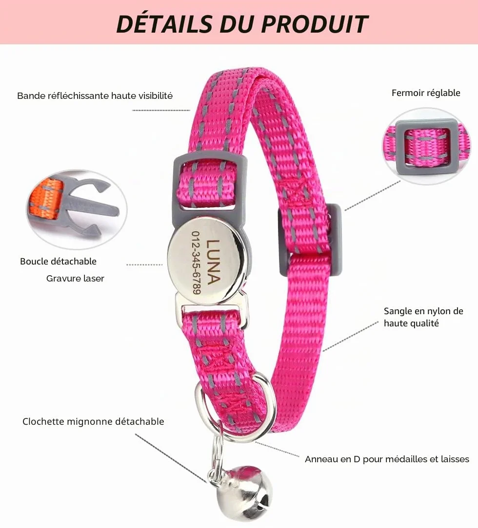 Collier réfléchissant personnalisé pour chat avec clochette - Design détachable - Nom et numéro de téléphone gravés