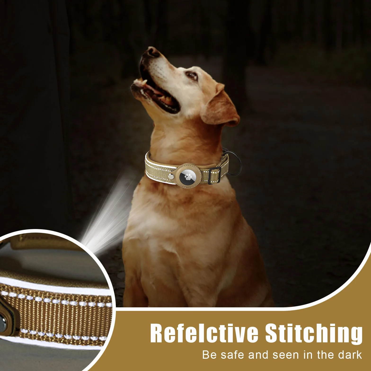 Collier Chien Réfléchissant Réglable en Nylon pour Apple AirTag avec Étui, Kaki S
