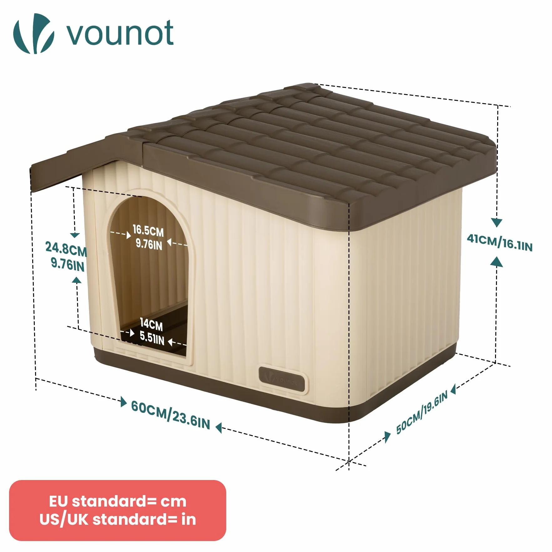 VOUNOT® Maison pour Chat Imperméable 60x51x41cm Niche Extérieur Intérieur avec Toit Incliné Aération Pieds Antidérapants Beige