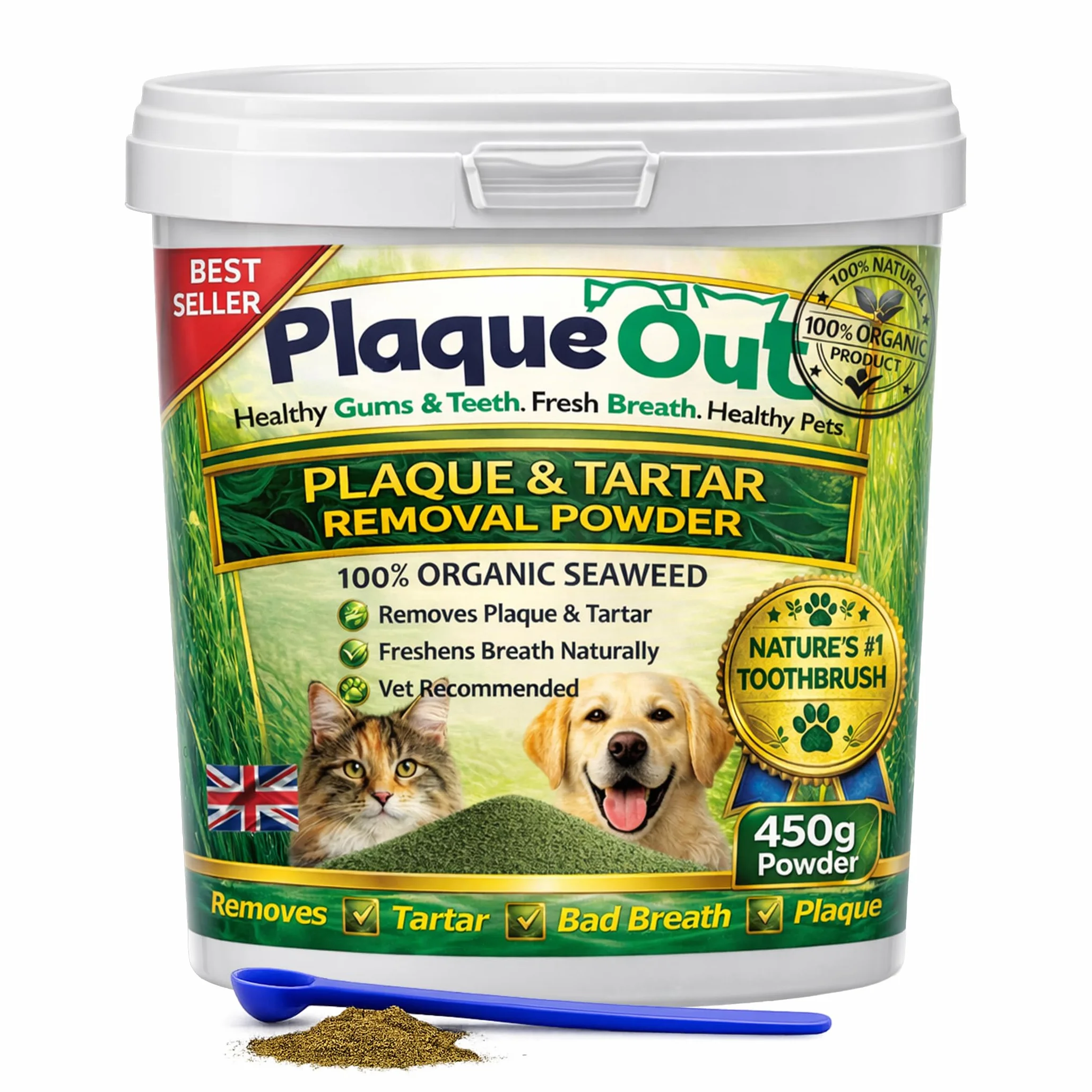 Plaque Out Pot 450 g – Détachant de plaque pour chiens et chats – Poudre d'algues 100 % naturelle et biologique
