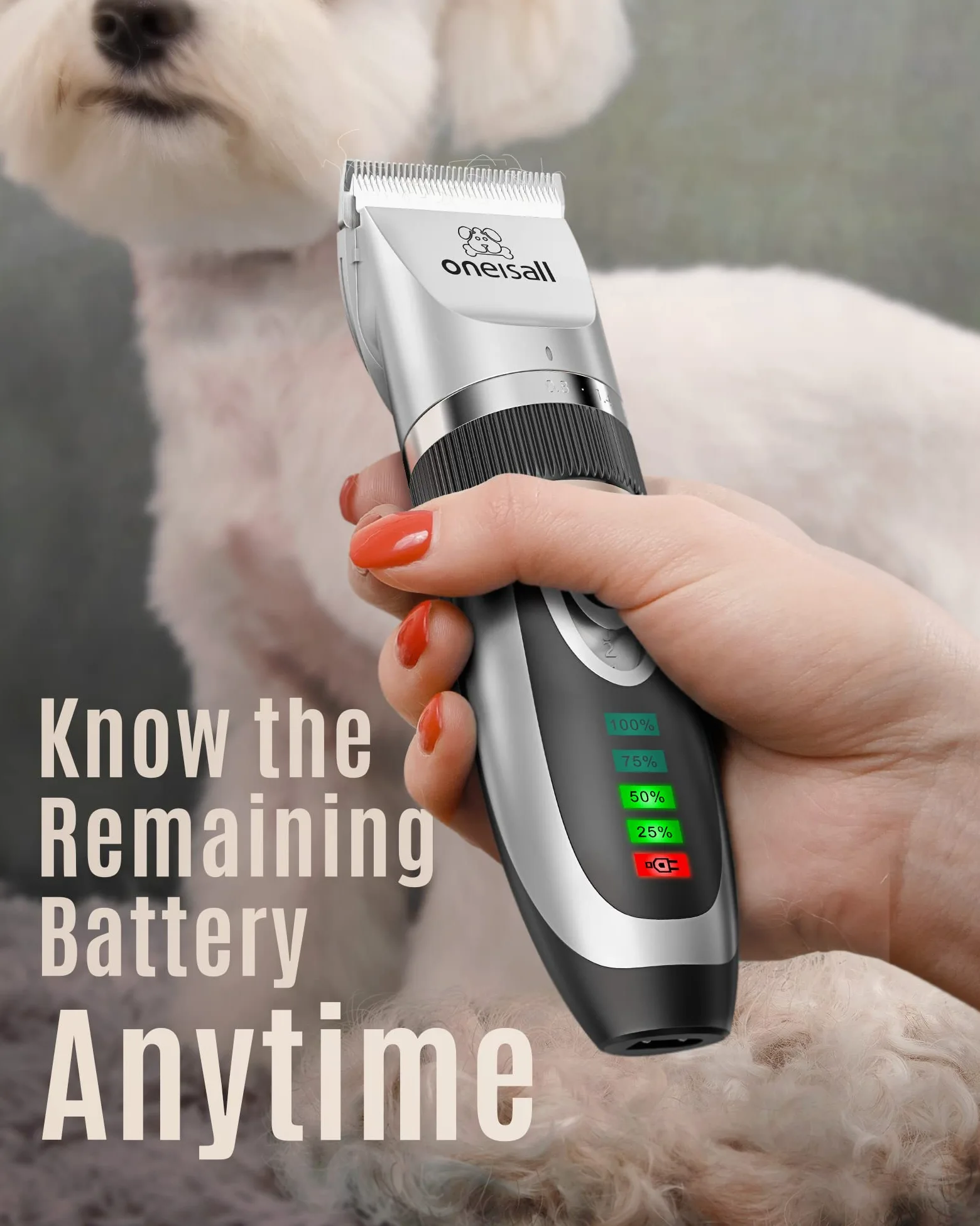 oneisall Tondeuse pour chien à faible bruit, kit de toilettage silencieux à 2 vitesses rechargeable sans fil pour animaux domestiques pour petits et grands chiens, chats et animaux (argent)