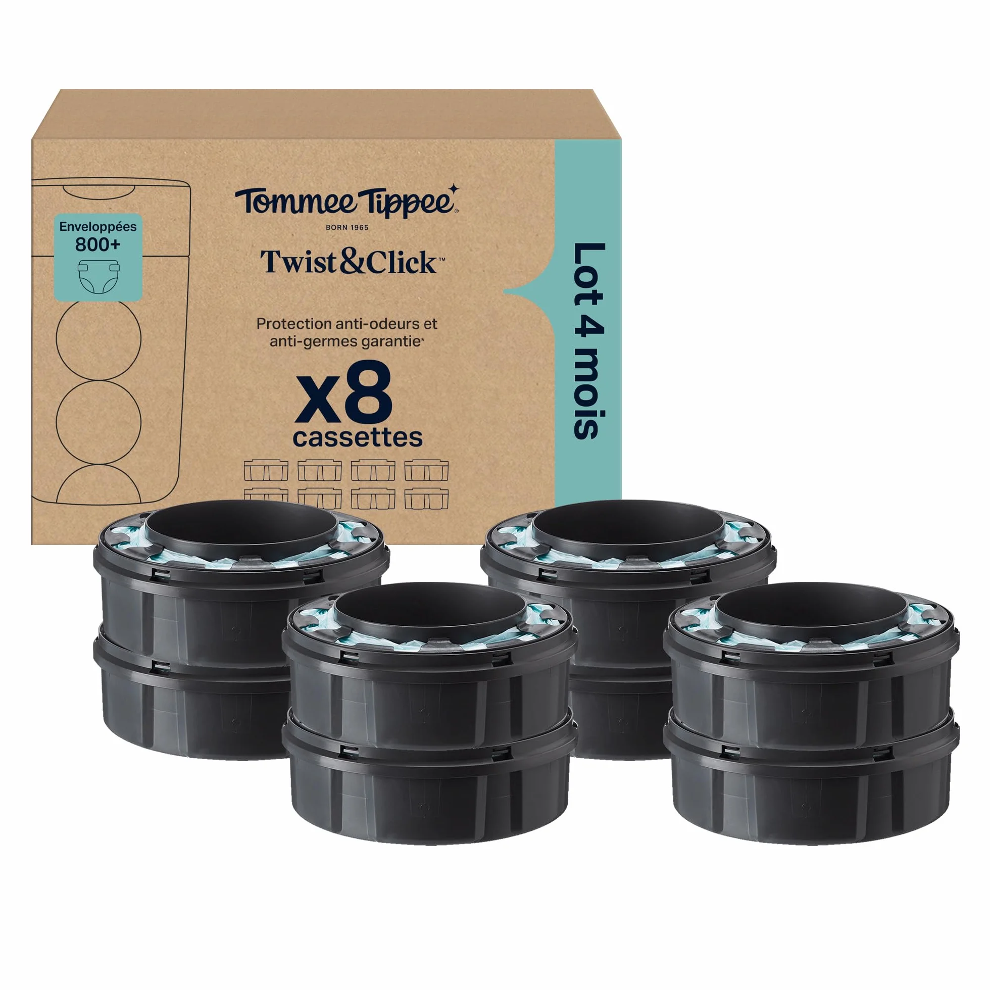 Tommee Tippee Cassettes de recharge originales Poubelle à couches Twist and Click Advanced, Lot de 8, 10,5 m