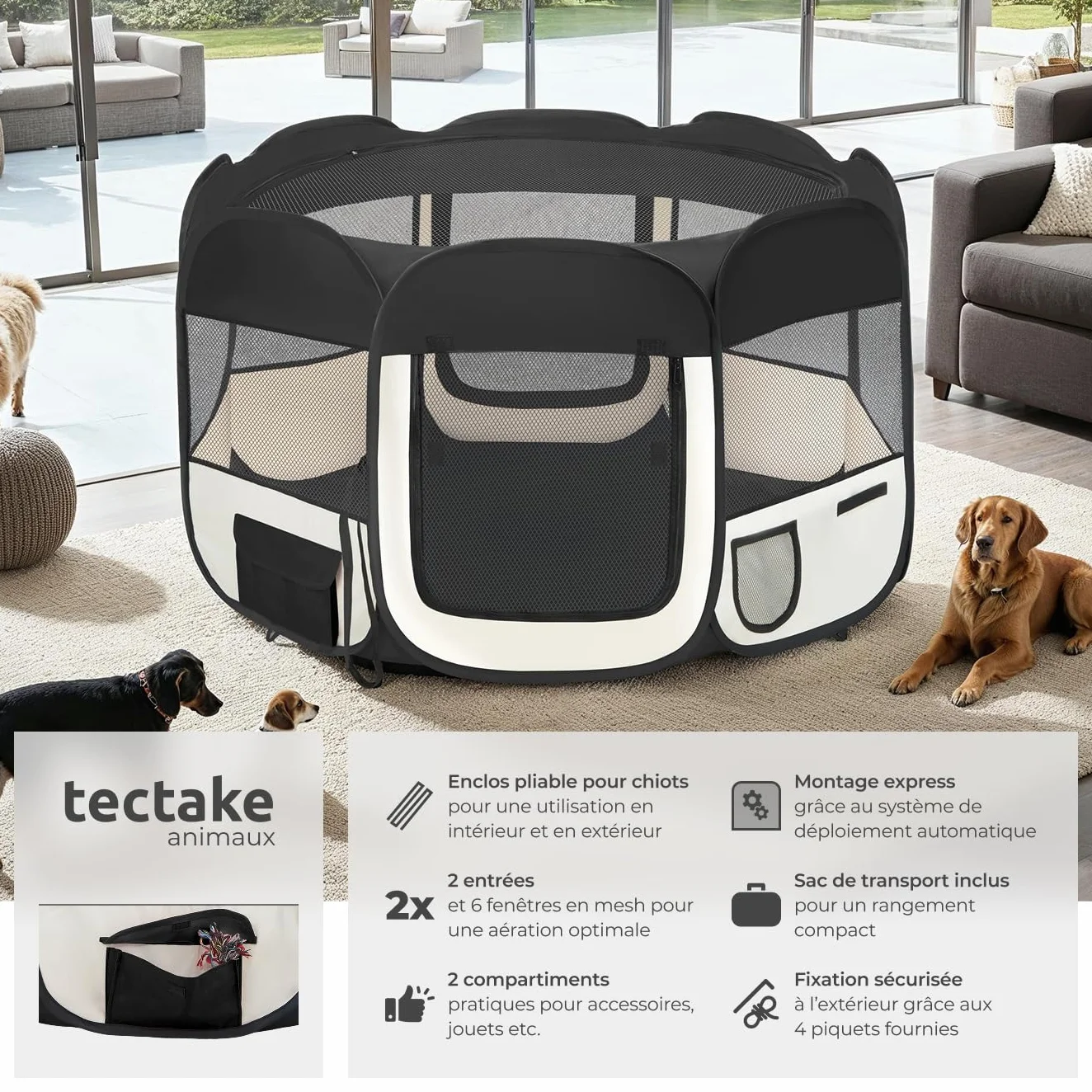 Tectake Parc pour Chien Modulable Pliable sans Toit 2 Entrées 6 Fenêtres Enclos Extérieur Anti Fugue