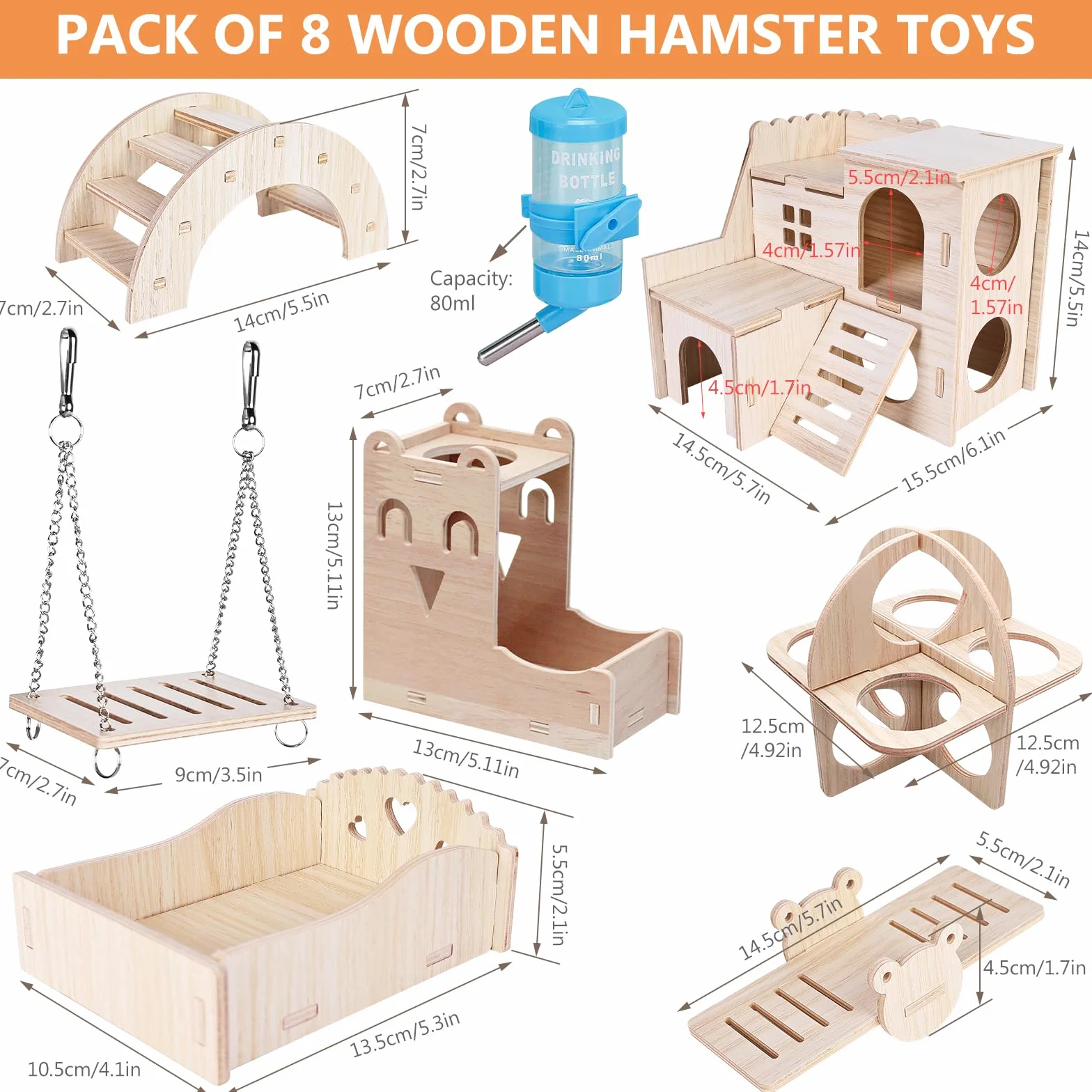 Jouets pour Hamster en Bois Lot de 8, Maison Cochon d'Inde, Jouet à Mâcher