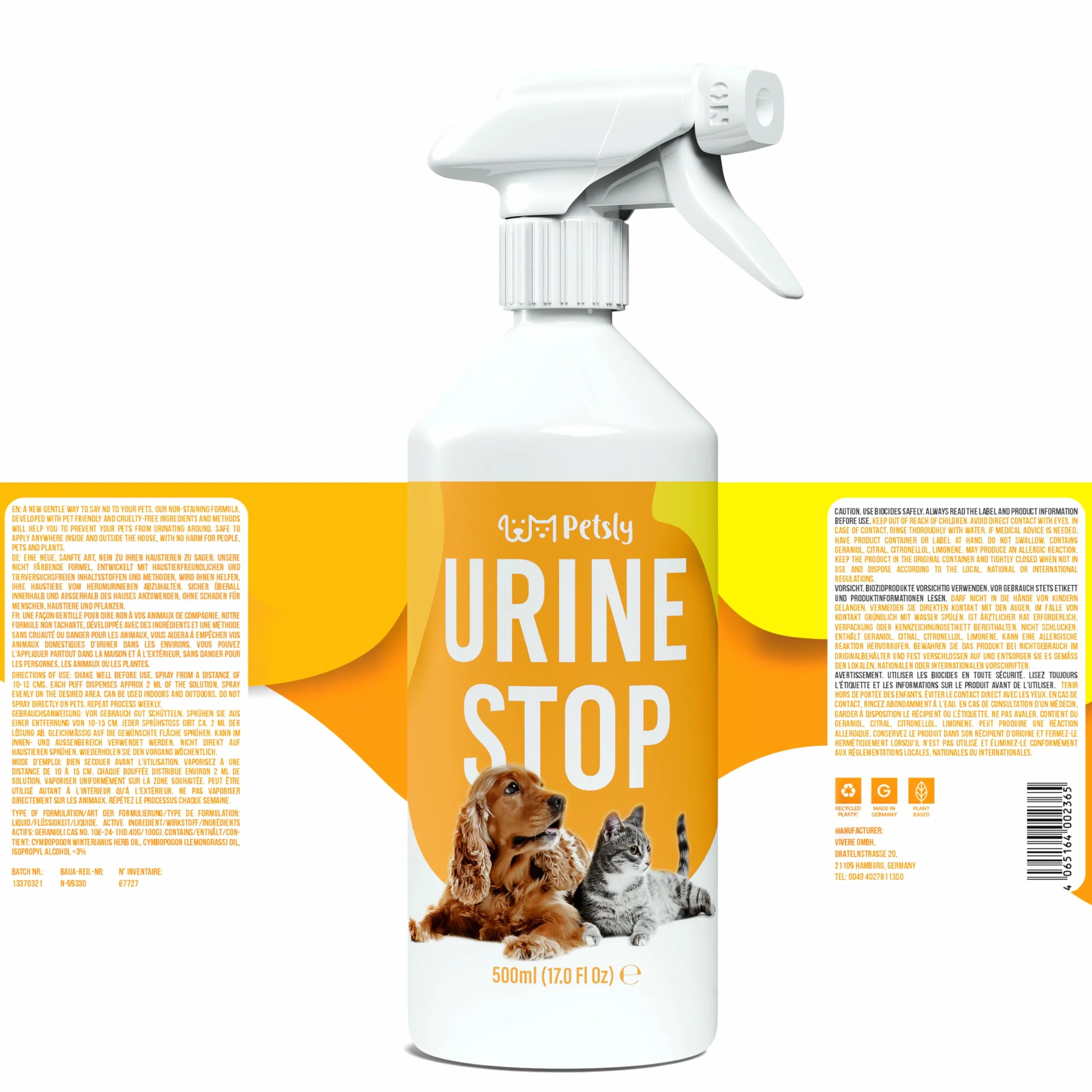 Petsly Anti Marquage Urinaire Chat Chien 500ml Non Tachant Triple Action Répulsif Intérieur Extérieur