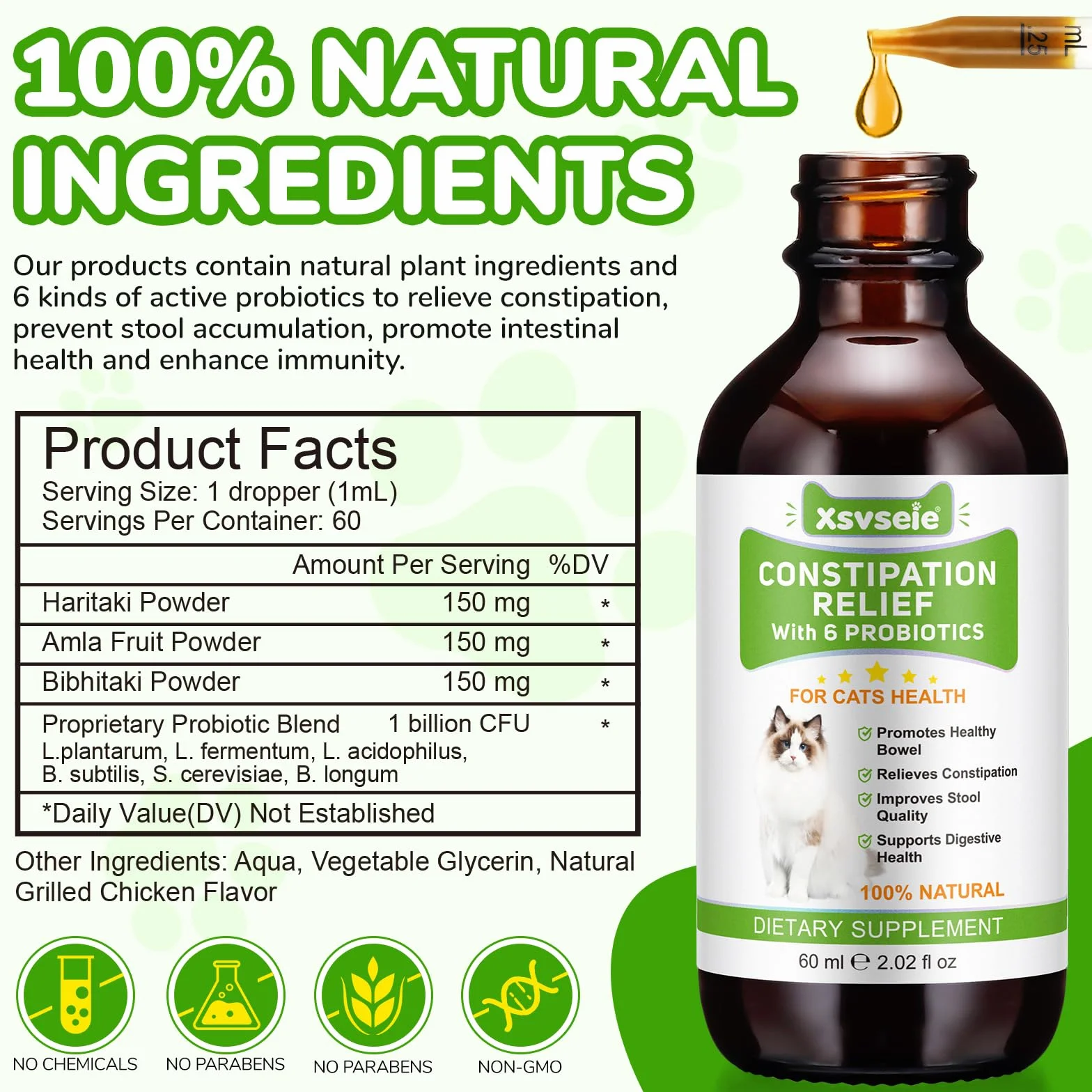 Laxatif Naturel pour Chats Constipation - Transit Intestinal Régulier & Santé Intestinale - 6 Probiotiques Actifs - 60ml
