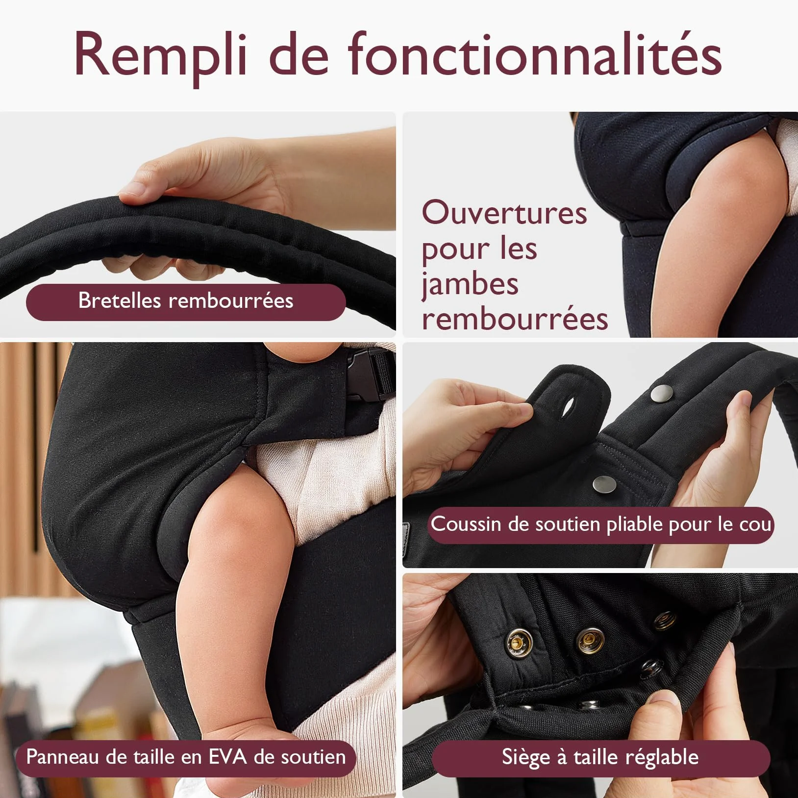 Momcozy Porte-bébé en coton doux, ergonomique 3-20 kg, noir