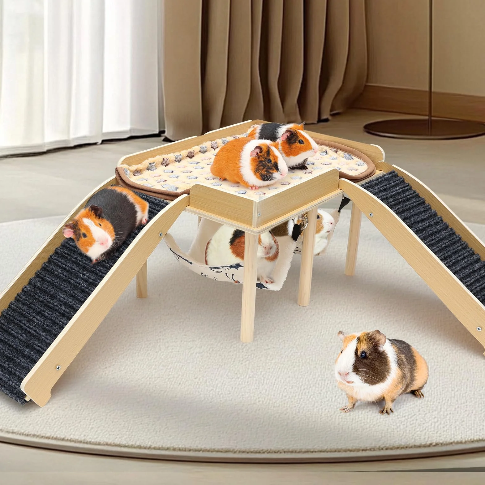 Maison de jeu en bois pour cochons d'Inde avec rampe et hamac coussin, grise amovible