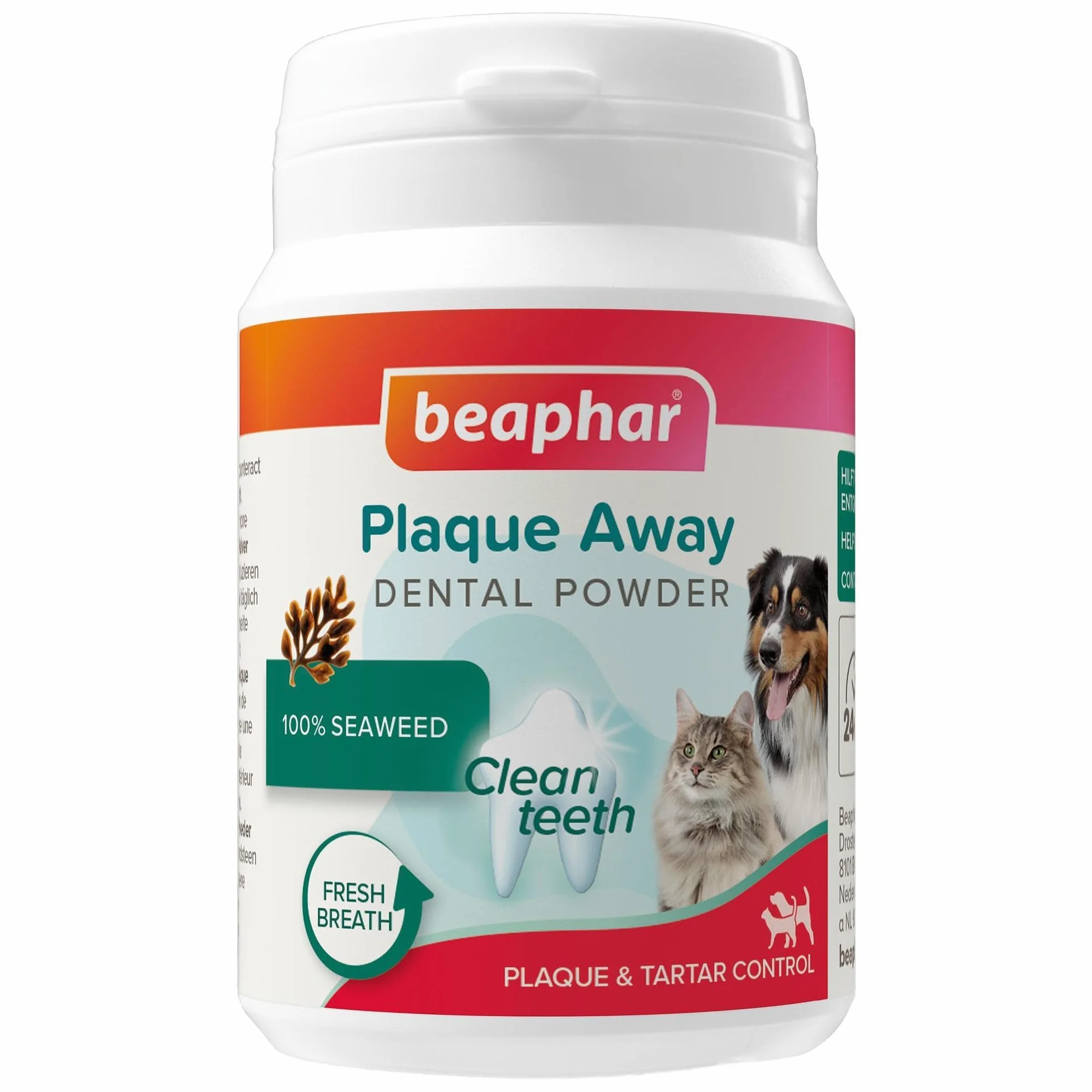 BEAPHAR – Plaque Away – Poudre Dentaire pour Chien et Chat – sans brossage ni rinçage – Combat la Mauvaise haleine et la Formation de Plaque Dentaire et de tartre – 100% algue Brune – 80g