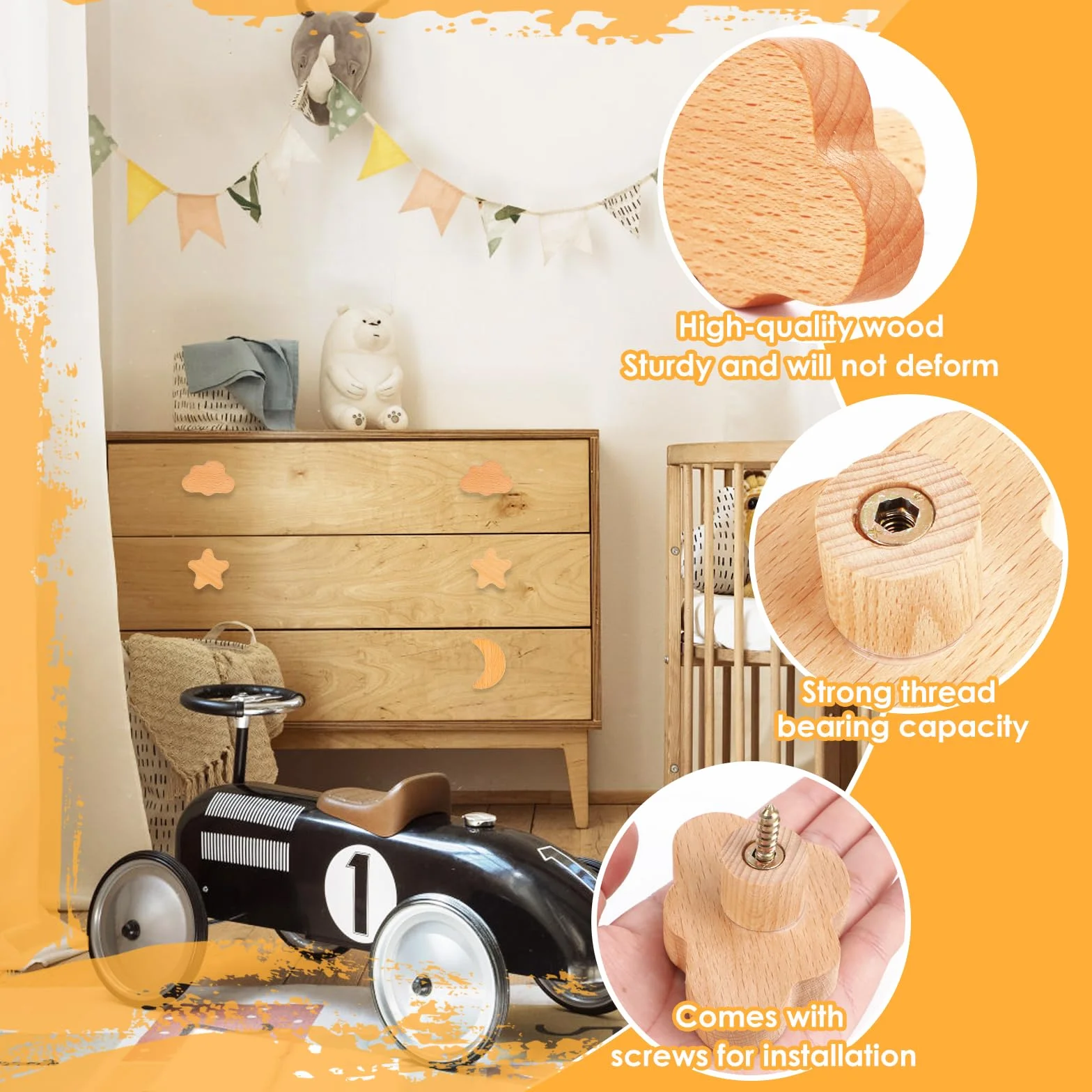 Lot de 6 boutons d'armoire en bois pour chambre d'enfant - Étoiles, lune, nuages - Poignées en bois