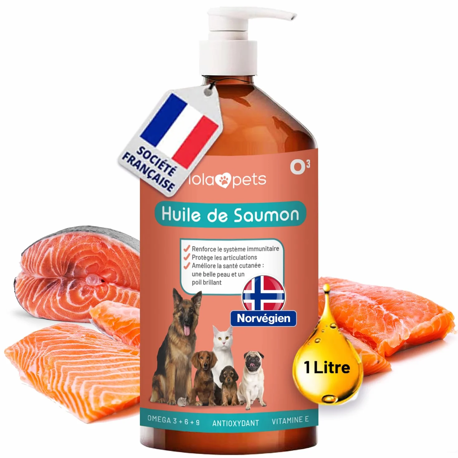 Huile de Saumon pour Chien et Chat 1 Litre NORVÈGE - Riche en Omega 3+6+9 et Vitamine E