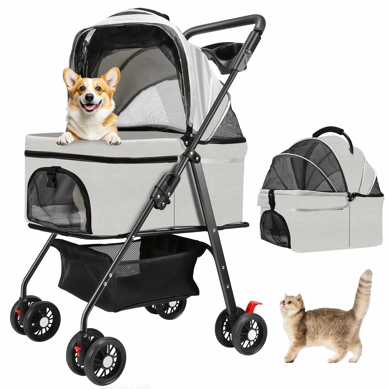 Poussette Pour Chiens et Chats De Petite Taille avec 4 Roues, Poussette 3 En 1 Pliable avec Nacelle Amovible, Mesh Respirant, Panier De Rangement et Porte-Gobelet, Jusqu'à 15 kg