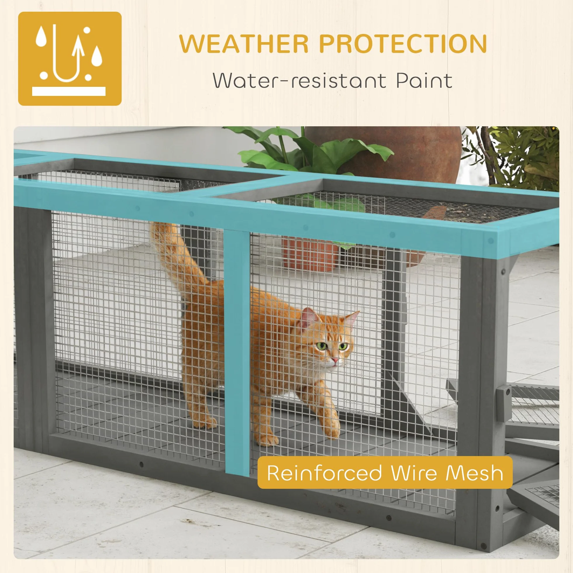 PawHut Tunnel pour Chat d'extérieur 150 cm Enclos de Jeu en Bois Parc Extensible avec 3 Portes pour Chatons Chiots Gris