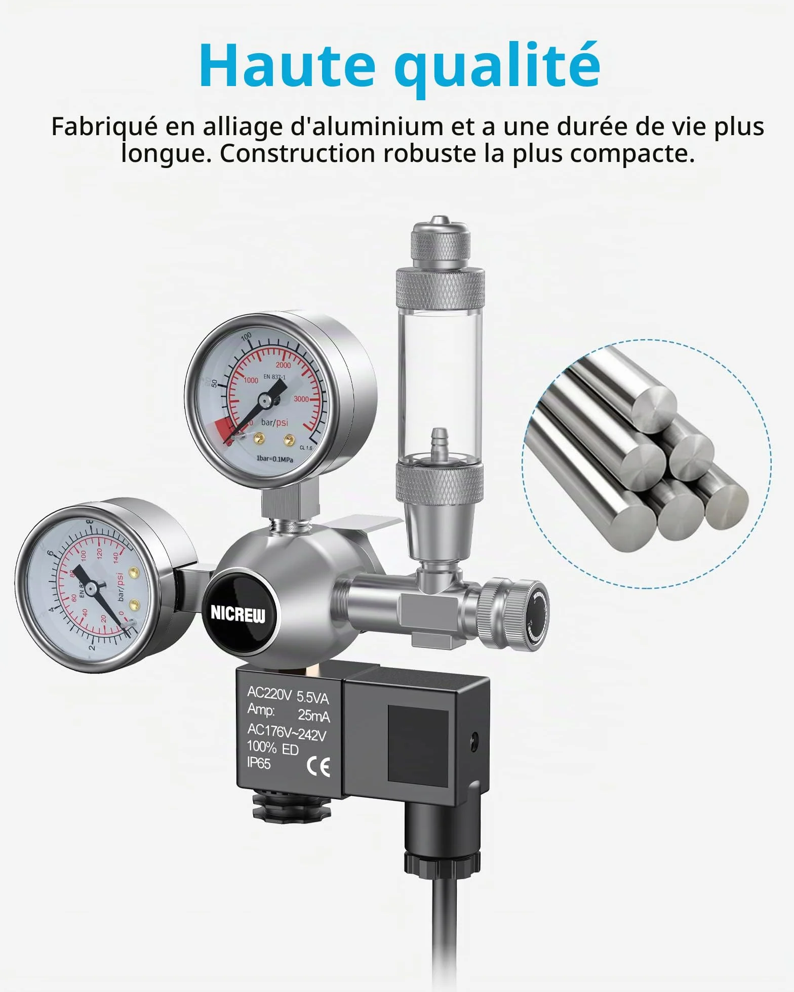 NICREW Régulateur de CO2 Aquarium Double Manomètres Électrovanne W21,8