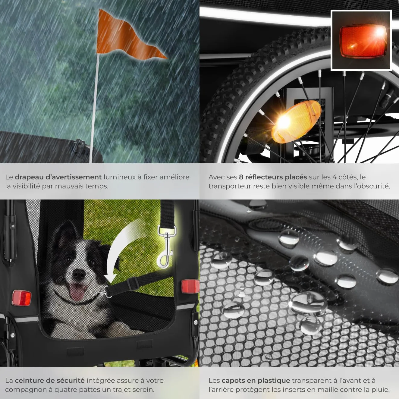 tectake Remorque Velo Chien 3 en 1 Pliable avec Reflecteurs, Drapeau, Charge Maximale 40 kg