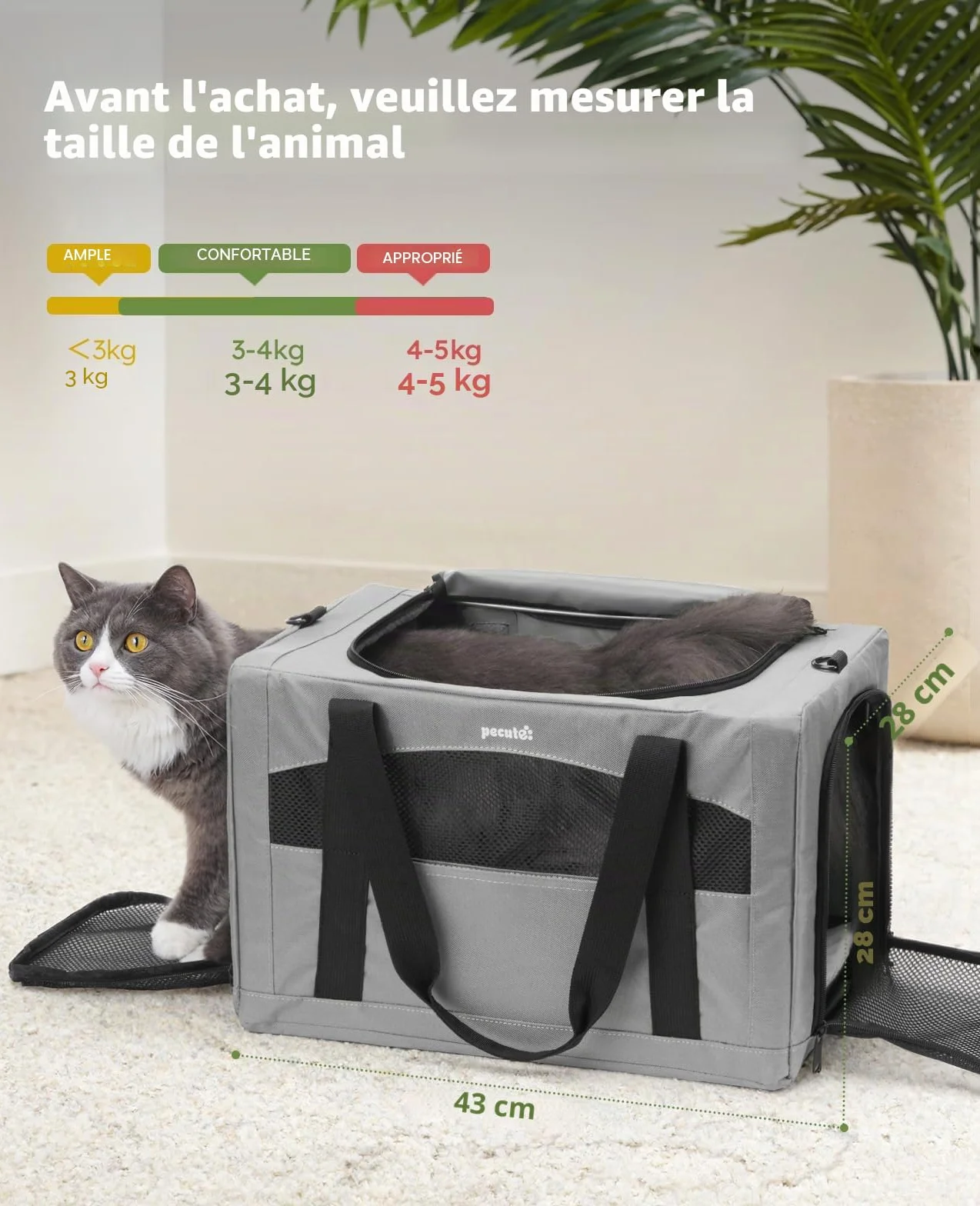 Pecute Sac de Transport pour Chat Pliable Ultra Stable Gris Voyage Chien Portable