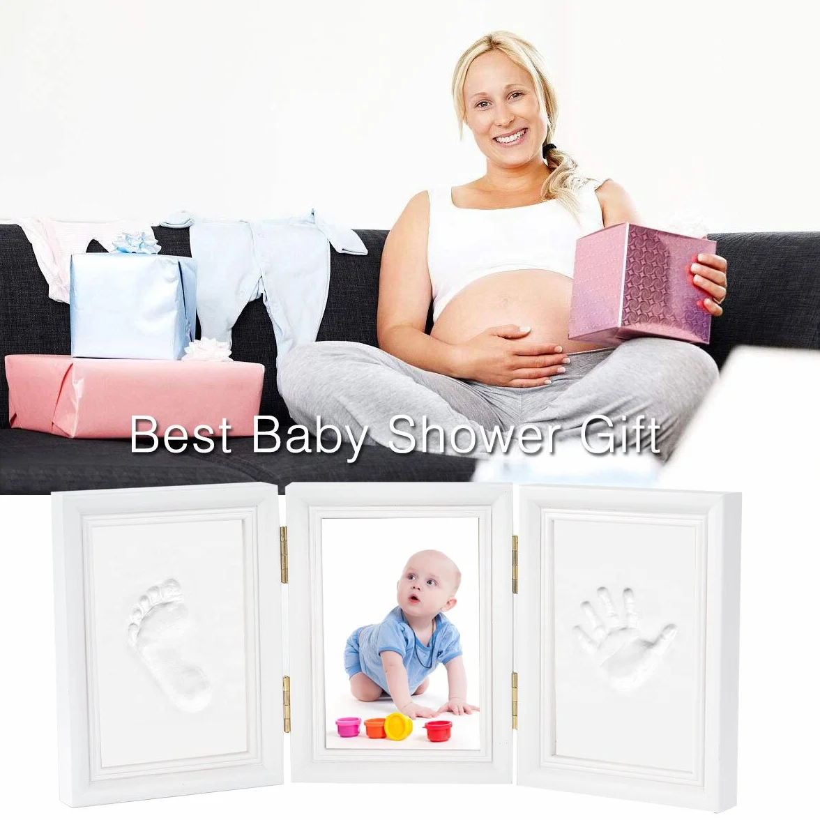 Empreinte de La Main Cadre Photo Kit pour Garçons Cadeau de Douche de Bébé 3 Parties Blanc