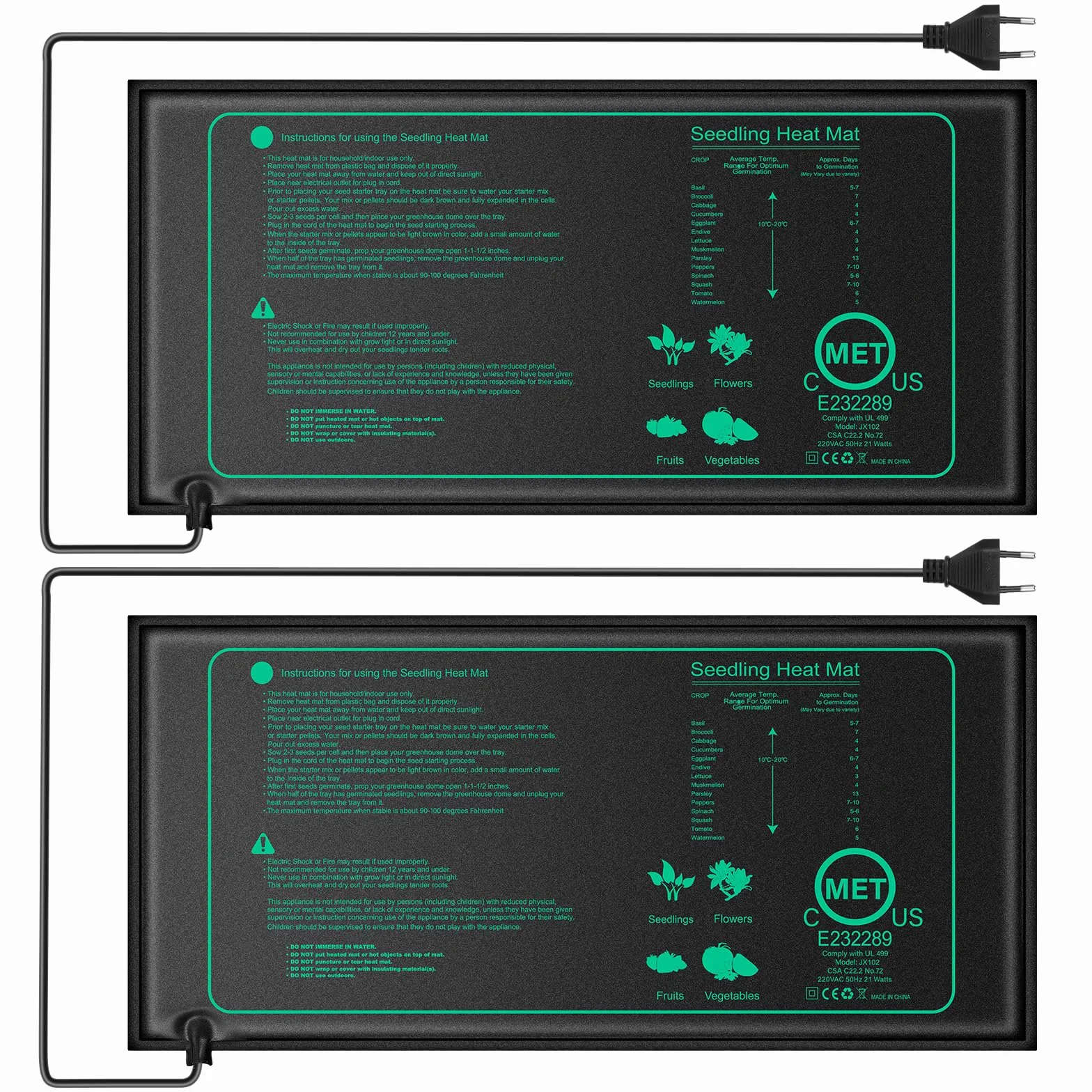 Tapis Chauffant pour Semis 20 Watts Étanchéité 52.5 × 25 cm 2 Pack