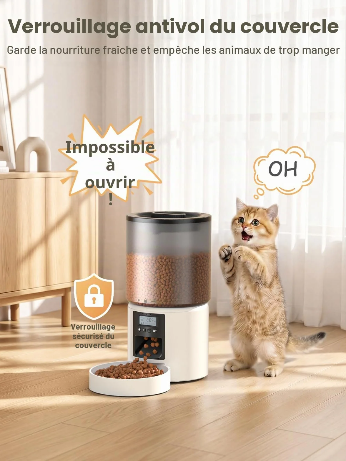 Distributeur Croquettes Chat Automatique 4L Programmable 6 Repas Fonction Vocale 10s Réservoir Hermétique
