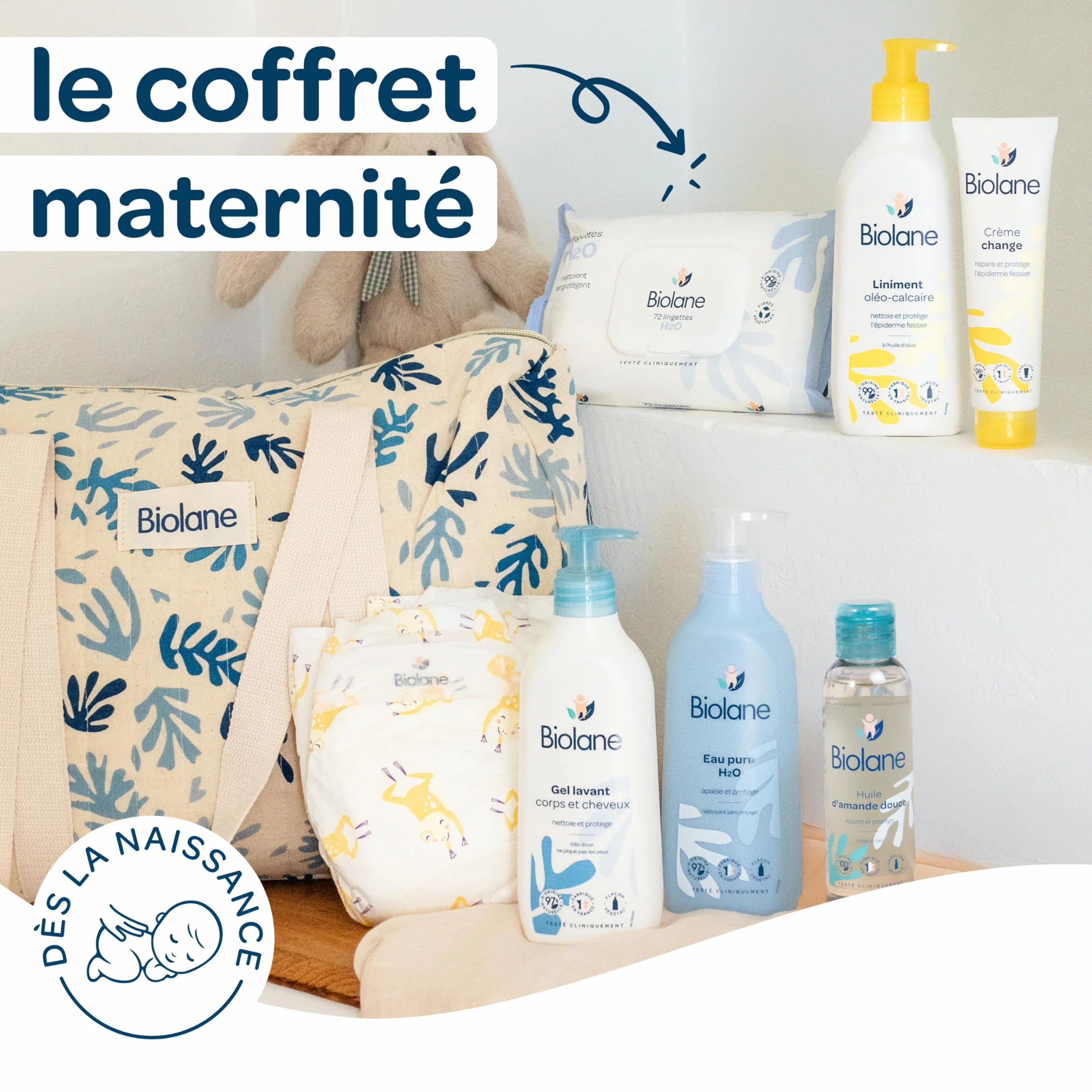 BIOLANE Coffret Maternité Kit de Soin Bébé Naissance Sac à langer & Soins Bébé Couche Lingettes H2O