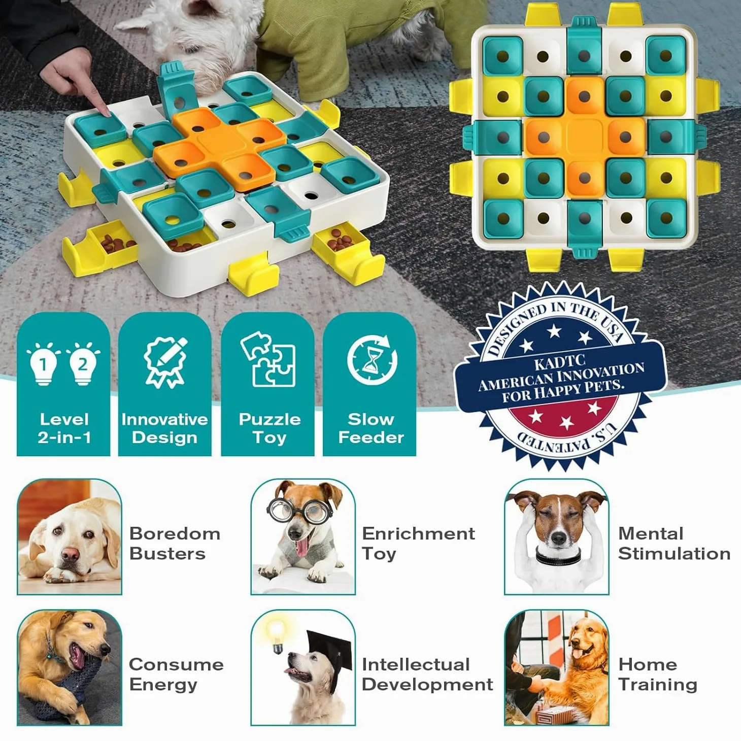 KADTC Jouet puzzle avancé pour chien à 2 niveaux de défi, cube stimulant le cerveau, marque et design américains, jouet interactif pour chiens intelligents, petits, moyens et grands, toutes races
